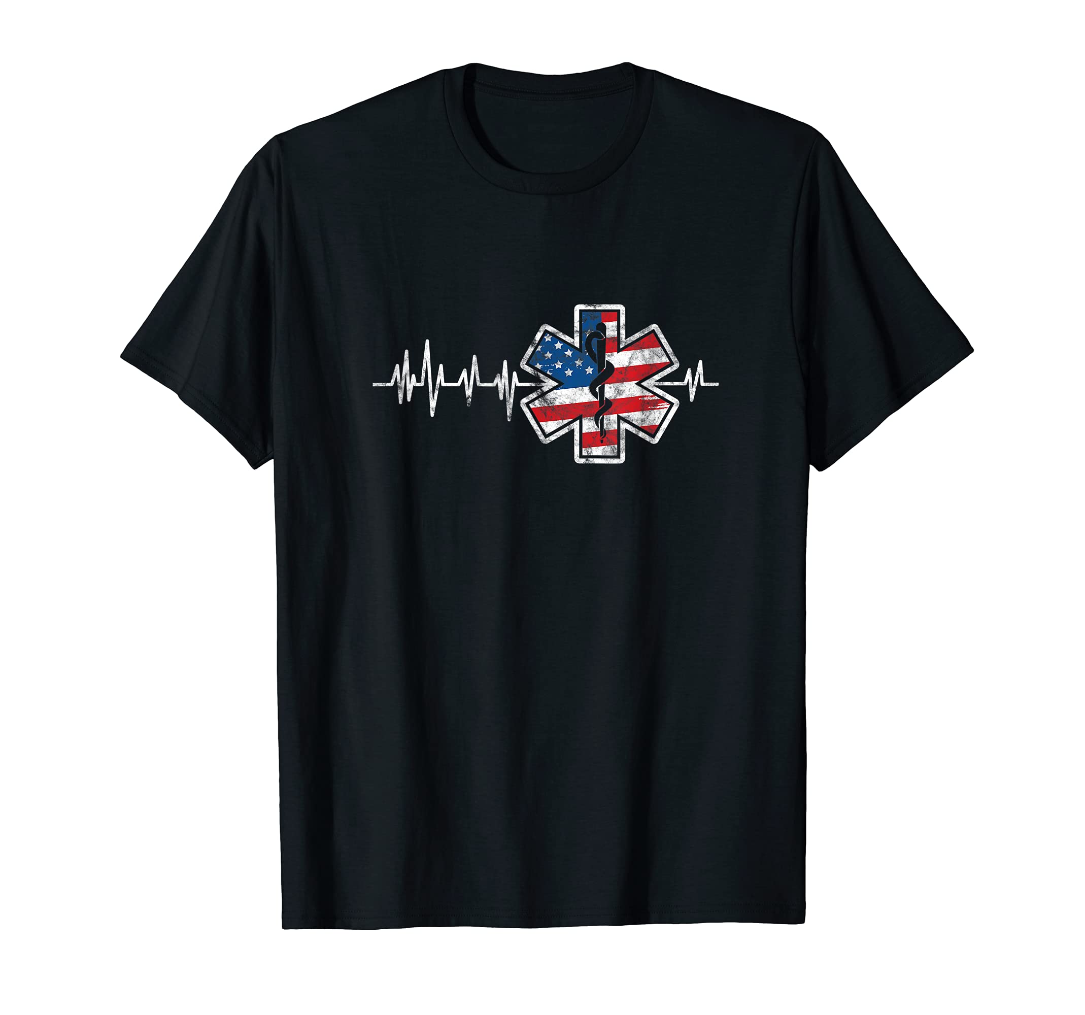 Patriotic Nurse EMS Fourth of July GiftsEMS Emergency Medical Service USA Flag Heartbeat 4th of July T-Shirt