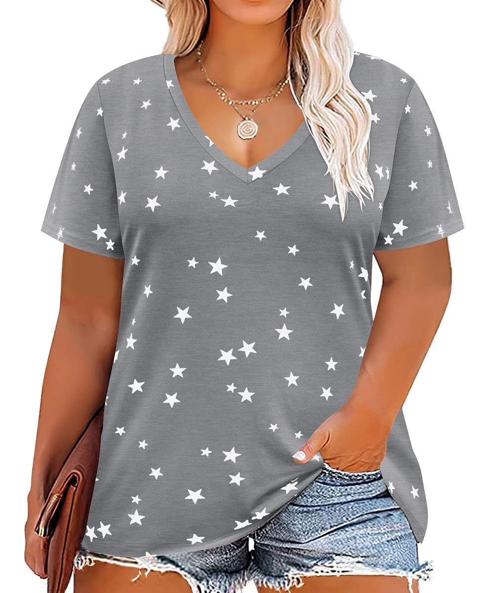 CARCOSWomens Plus Size Tops Short Sleeve Shirts V Neck Tunic Floral/Aniaml Blouses XL-5X