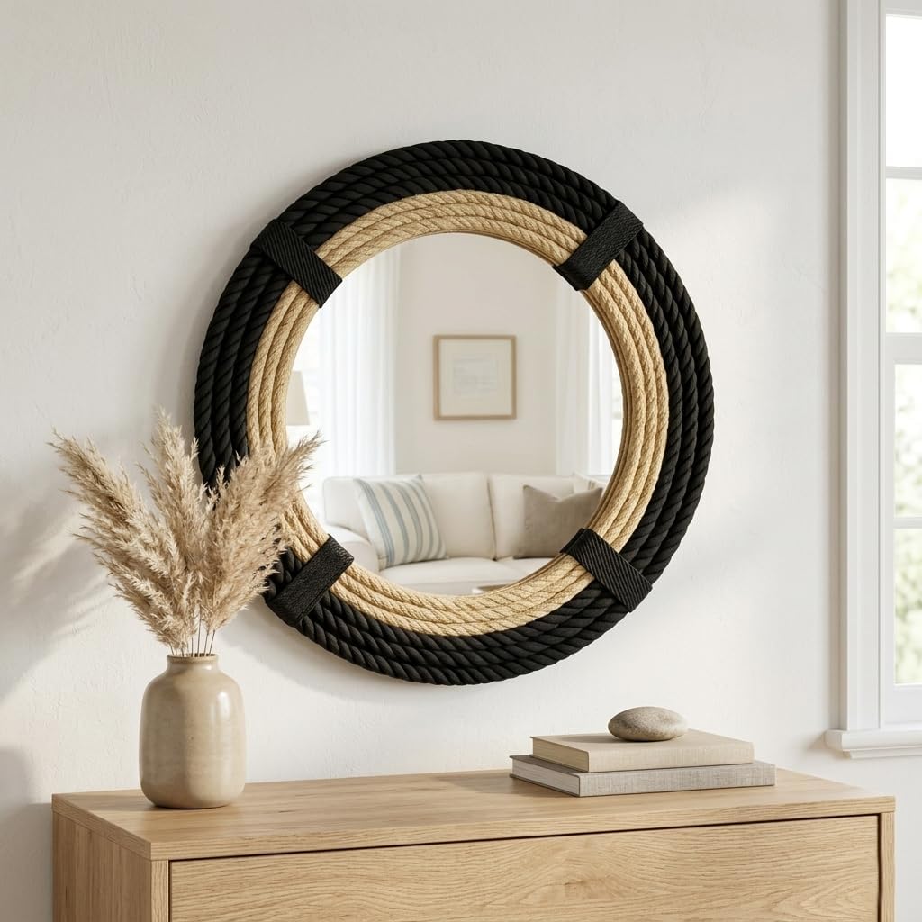 12" Inch Round Rustic Farmhouse Boho Shabby Chic Wall Hanging Mirror with Natural Jute Rope Decor Accent for Entryway, Bedroom, or Living Room (Color 1)