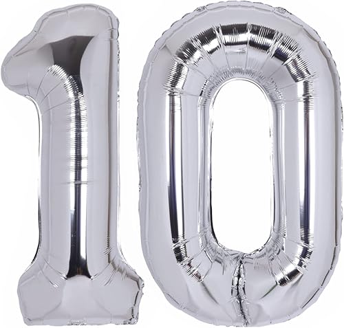 Globos plateados de 40 pulgadas con el número 10 de aluminio de Mylar de número 10, suministros de decoración de cumpleaños número 10 para niños y
