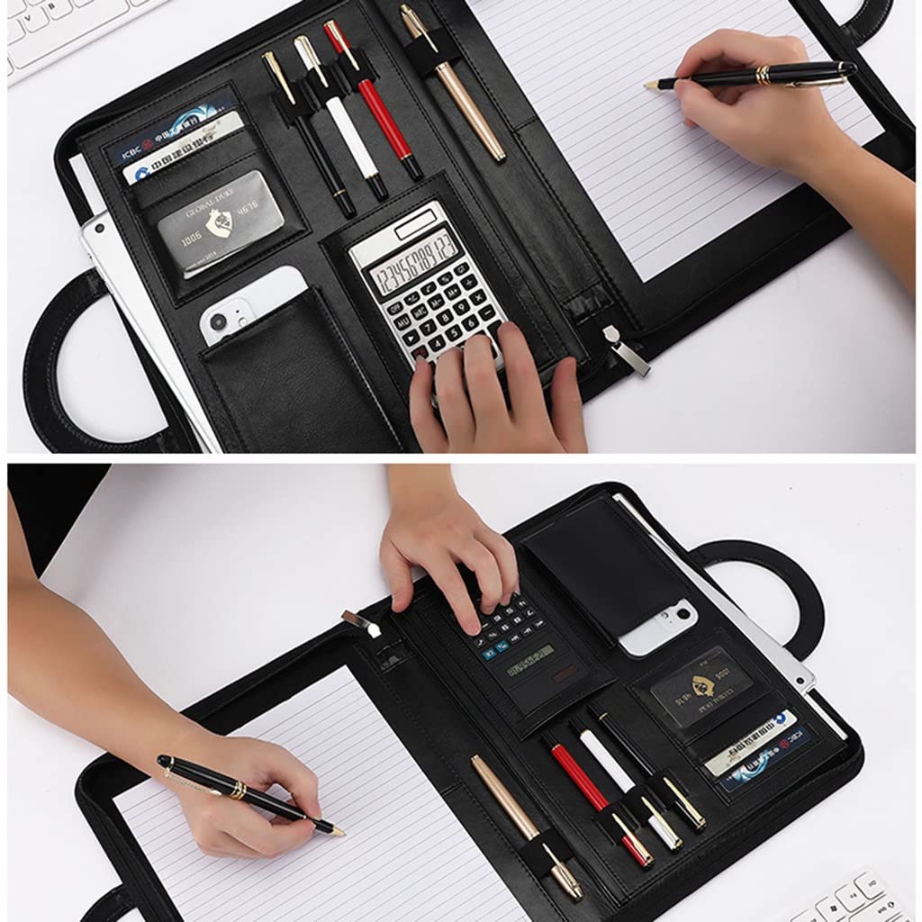 Schreibmappe A4 Klemmbrettmappe A4 Business Portfolio Organizer PU Leder Konferenzmappe mit Reißverschluss und magnetischem Griff mit Reißverschluss, Klemmbrett, Notizbuch für Vorstellungsgespräche