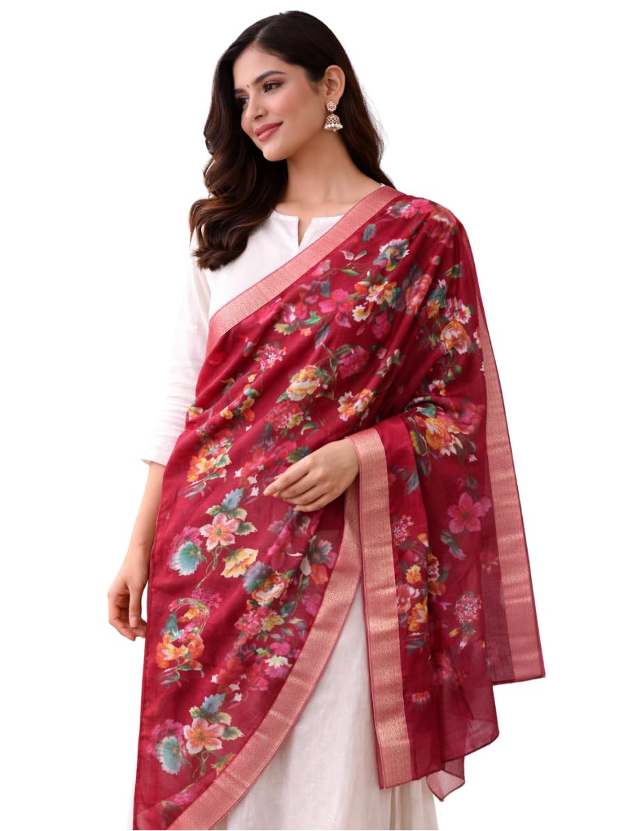 Red Floral Printed Chanderi Printed Multicolor Women Dupatta-image-33
