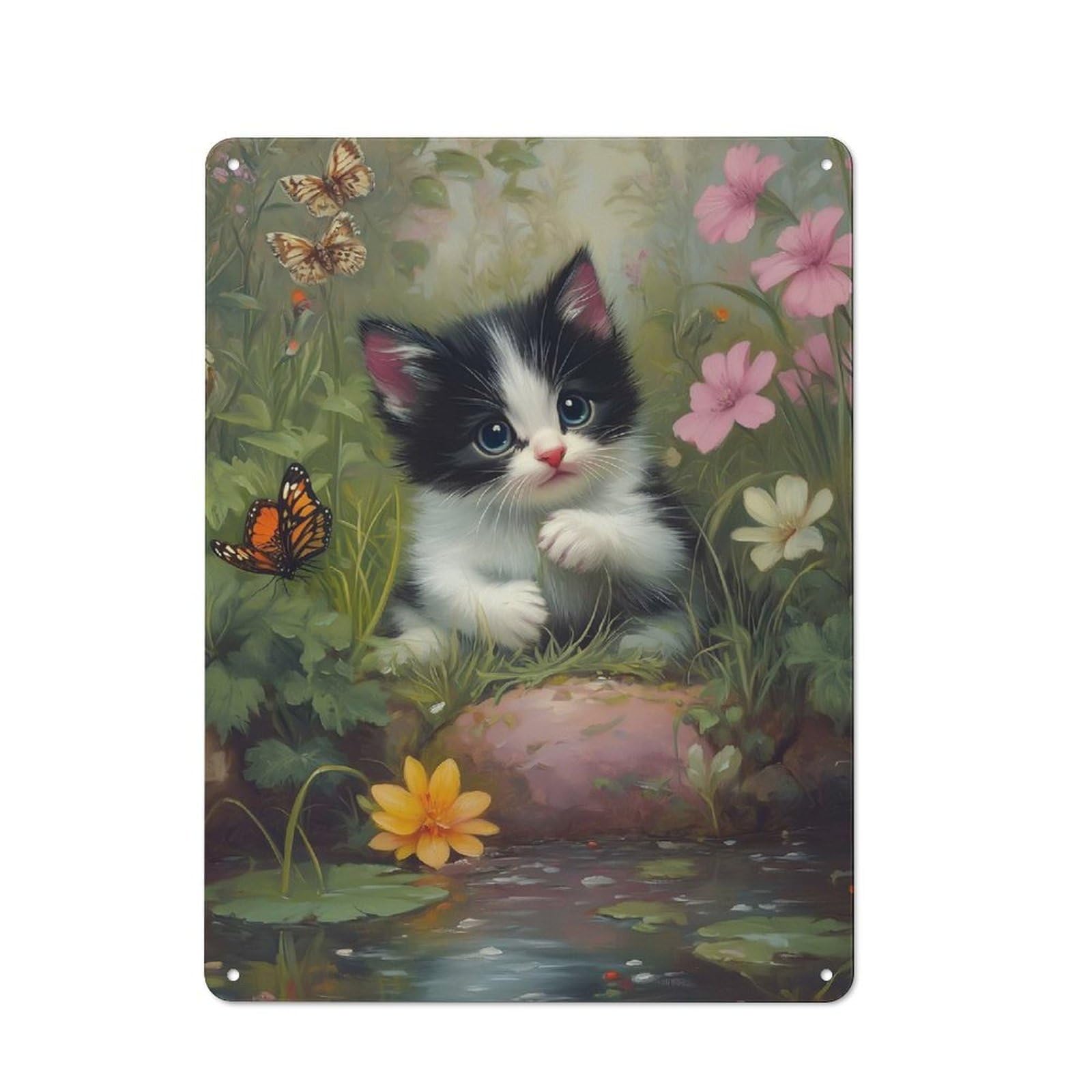 Junmoney Style-17 Workshop Style Cute Kitten In A Garden With Butterflies Tin Sign 40X30cm, Industrial Wall Art For Garage, Hobby Room, Office Or Man Cave