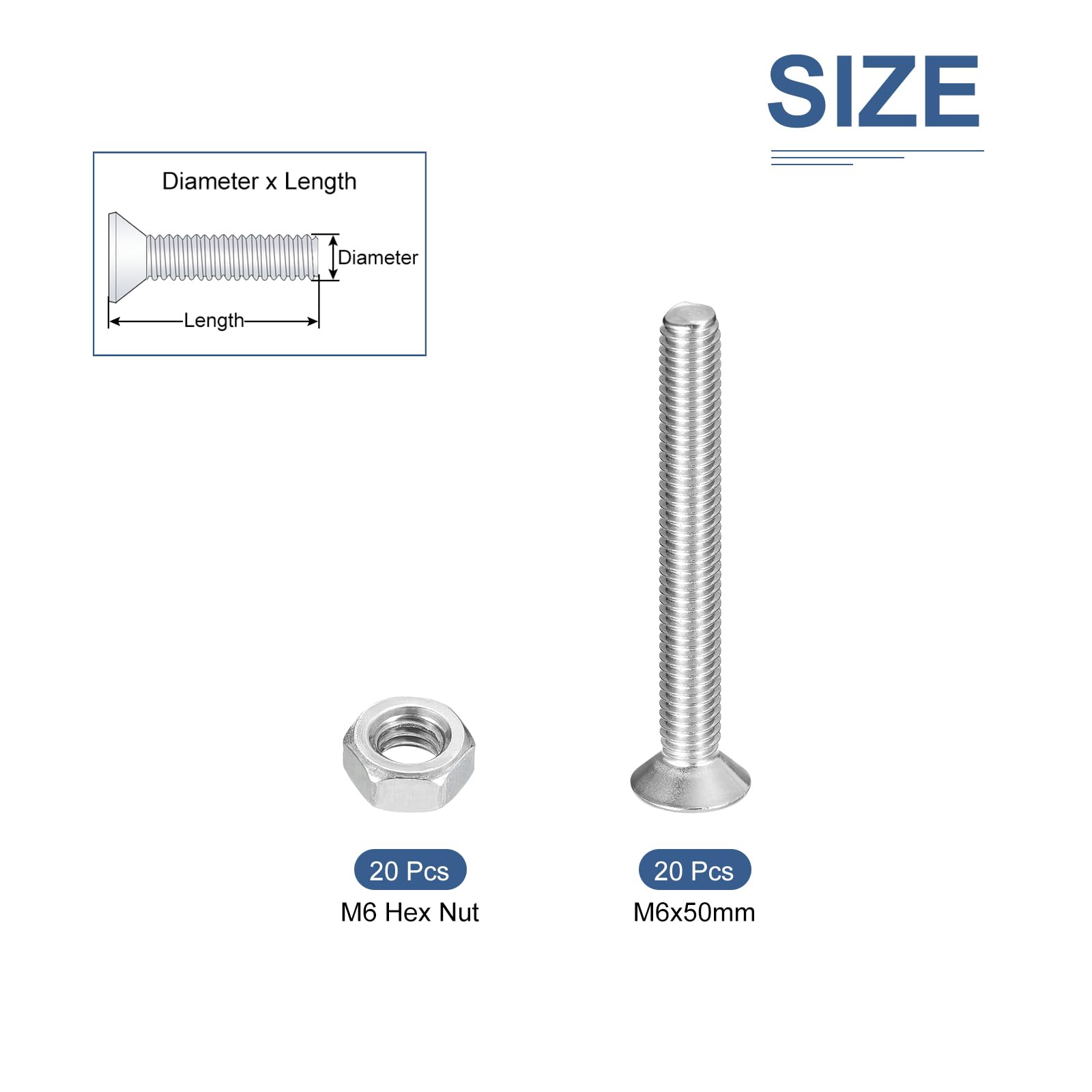 DTGN 40Pcs M6-1.0 x 50mm Flat Head Hex Socket Cap Screws Bolts Nuts Kit, 304 Stainless Steel Round Flat Metric Machine Screws - Image 2