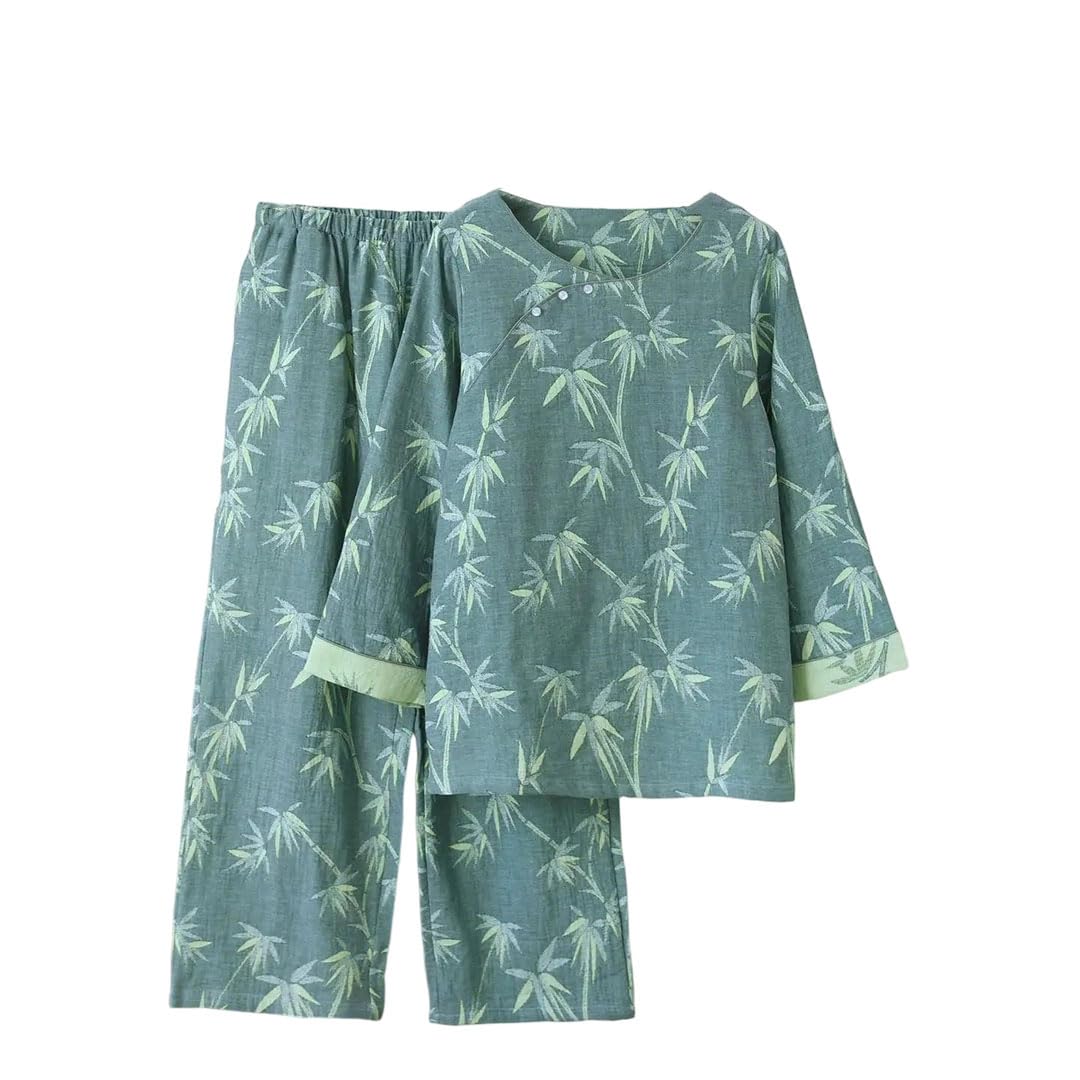 Conjunto de pijama de algodón texturizado para mujer, manga larga, pantalones largos, ropa de casa china