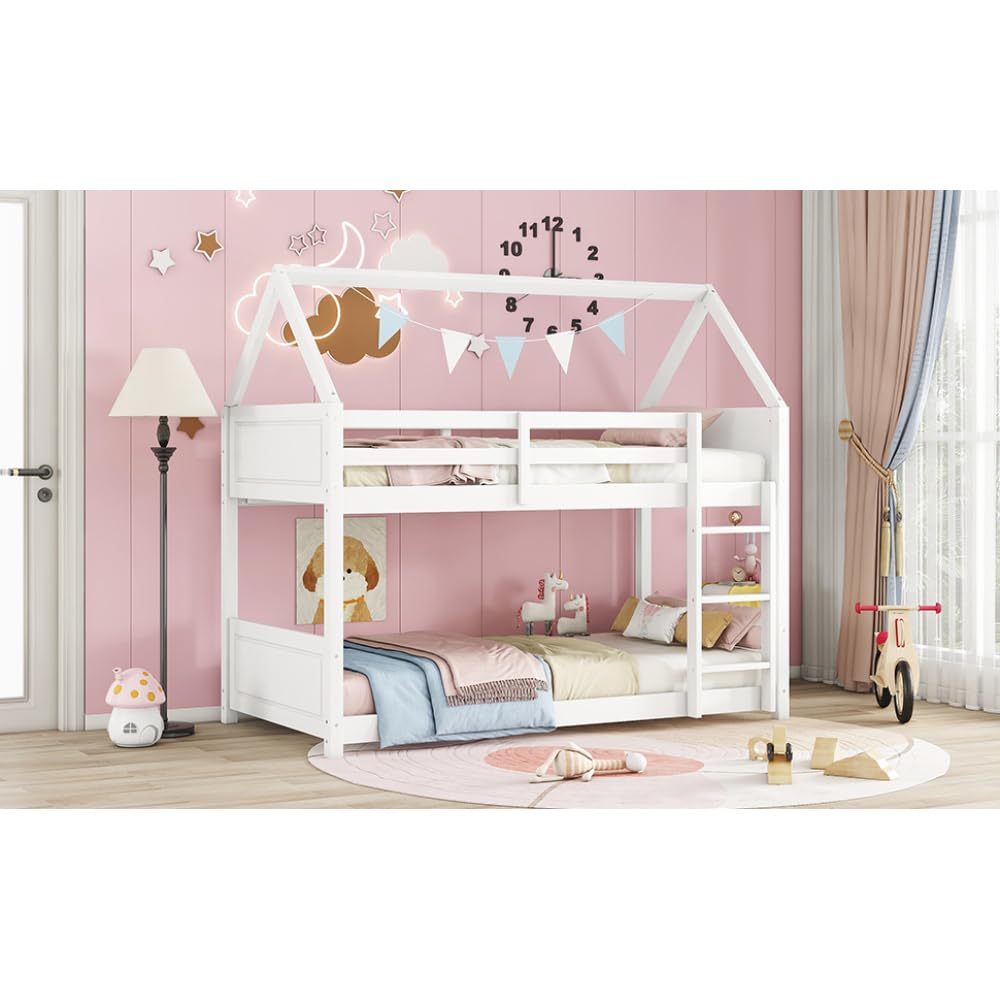 Twin Over Twin House Floor Bunk Bed with Headboards, Footboards and ...