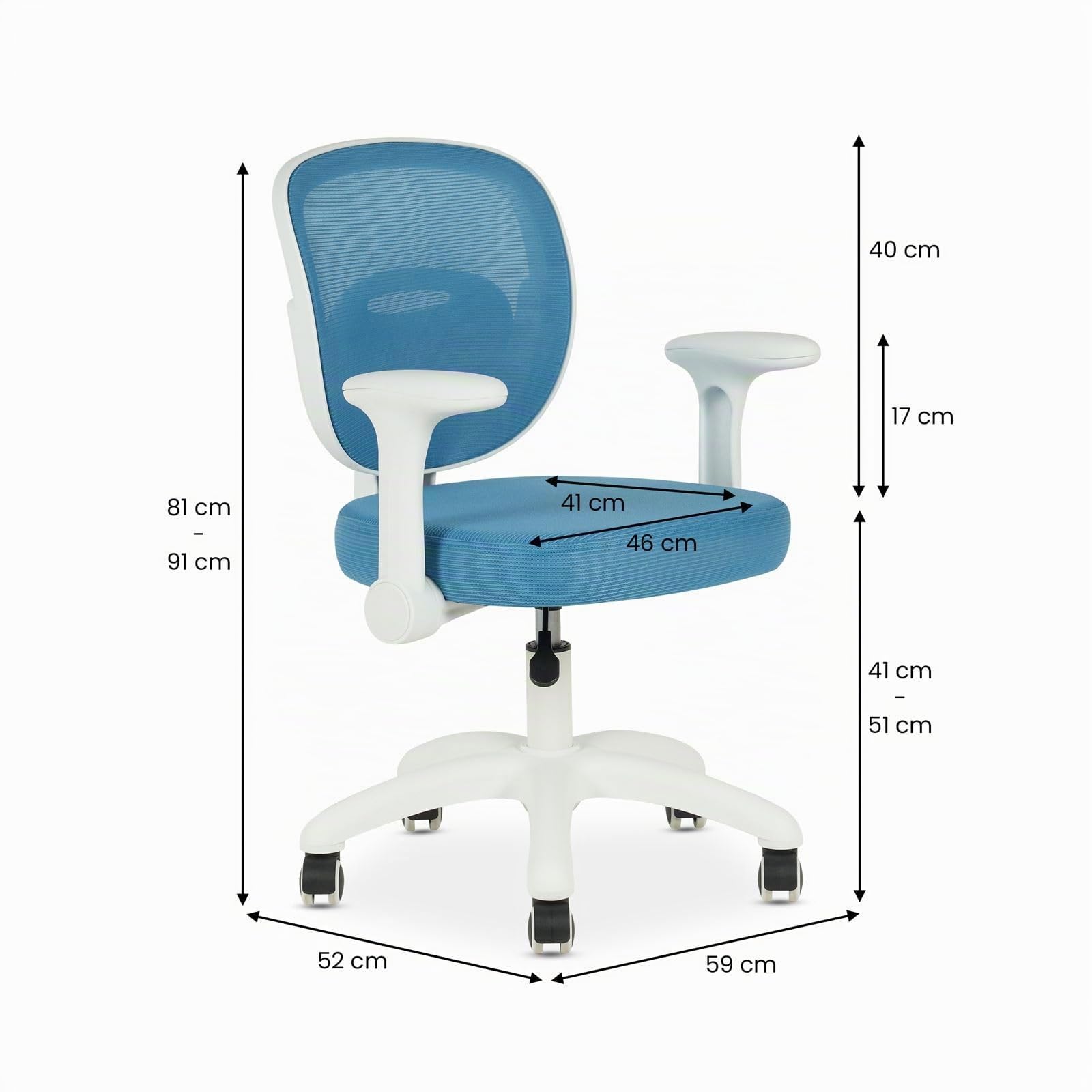 IDIMEX Schreibtischstuhl für Kinder Amelia höhenverstellbar, Blau – ergonomischer Bürostuhl für Kinderzimmer, atmungsaktive Mesh Rückenlehne & weißes Fußkreuz mit 5 Rollen