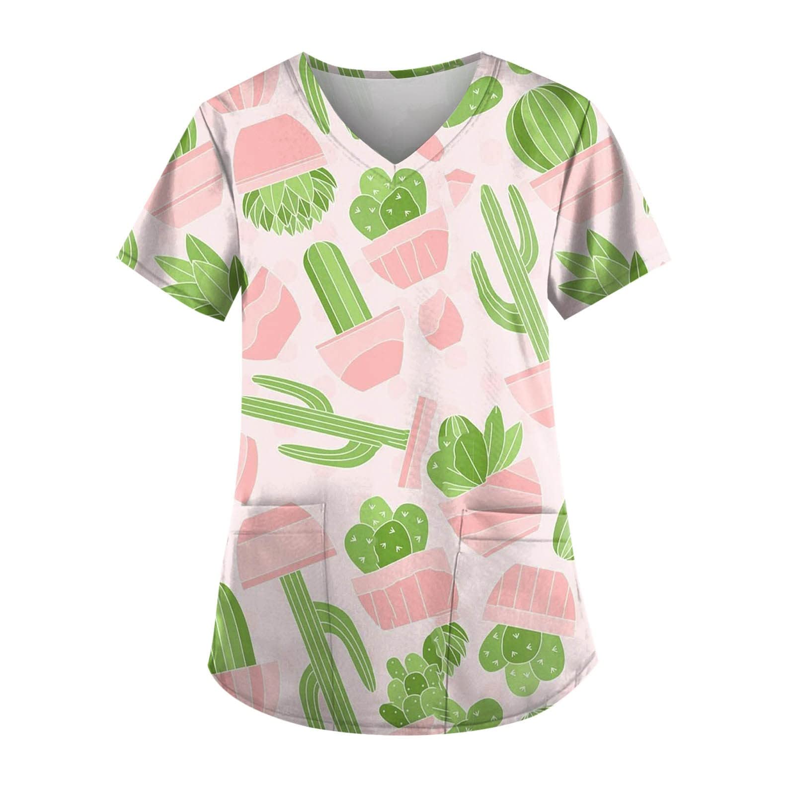 Women's Henley Short Sleeve Blouses Breathable Cute Printing T Shirt Stretchy V Neck Workout Tops with Pockets