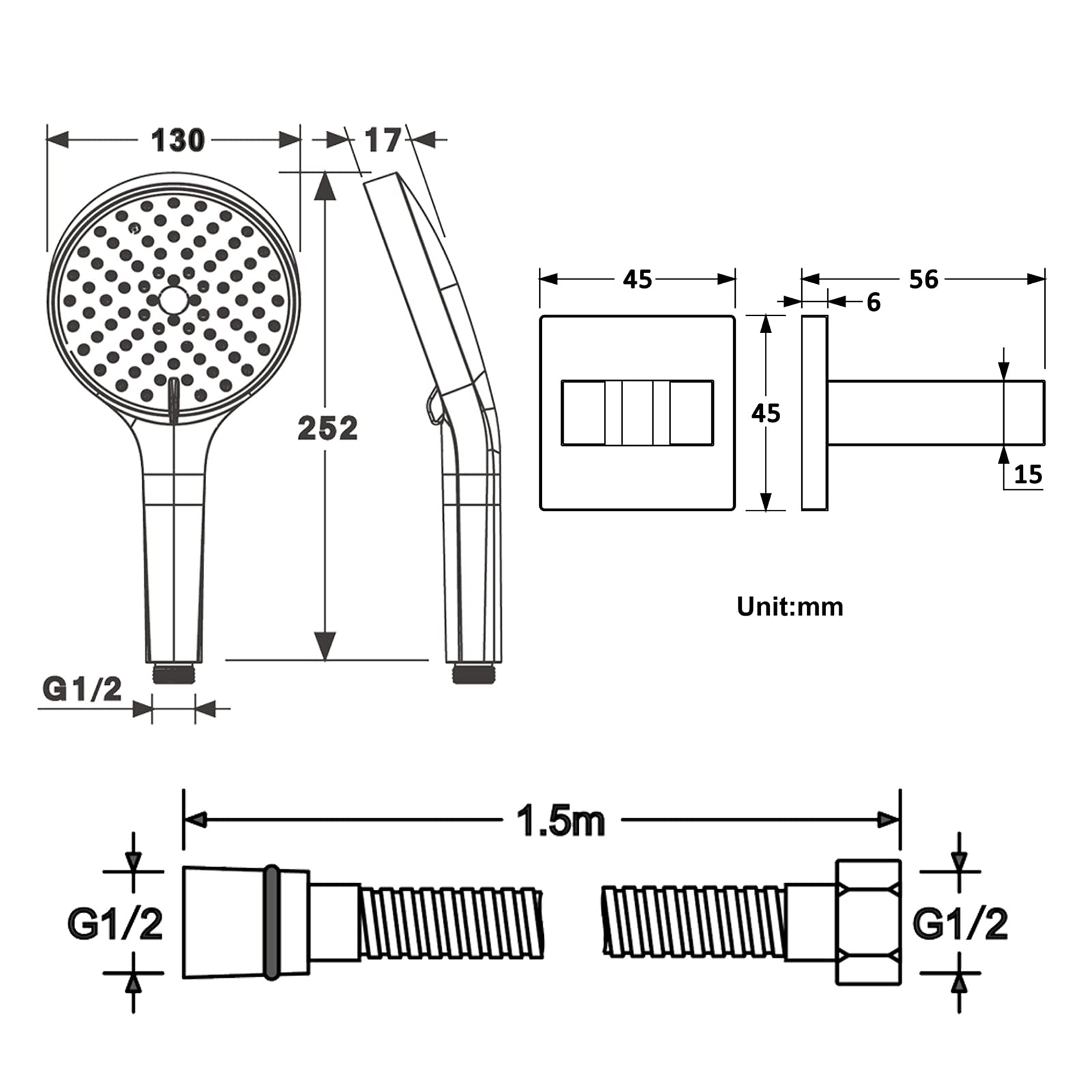 WRIST Soffione Doccia Portatile, Soffione Doccia Rotondo Ad Alta Pressione con Tubo Flessibile Doccia da 59 Pollici E Staffa Doccia, Doccia A 3 Getti,Nero
