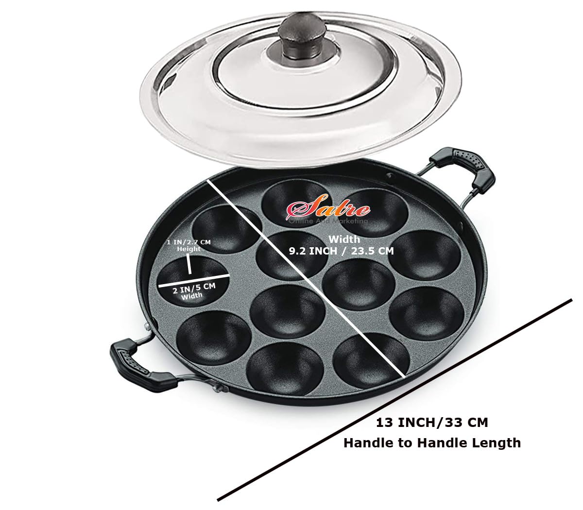 Satre Online And Marketing Non Stick Aluminium Appam Pan with Steel Lid, 12 Pits, Black & Silver