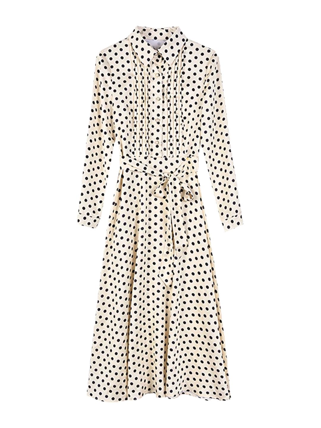 Womens Lapel Long Sleeve Dress Polka Dot Silky Midi Dress Slim Office Work A-Line Dress