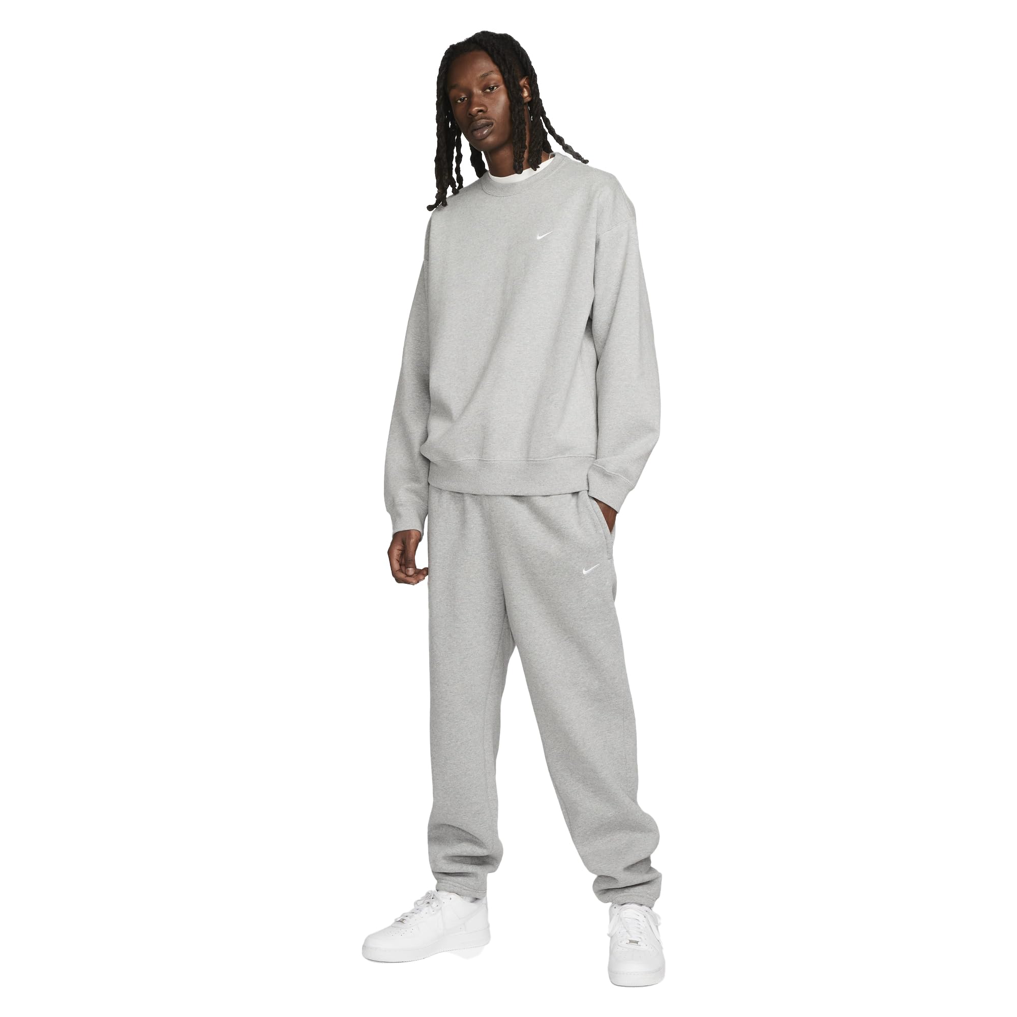 Nike Men's Grey Solo Swoosh Fleece Crew Sweat 'Dark Heather White'