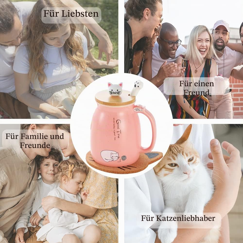 Katzen-Tasse Süße Keramik Kaffeetasse mit deckel,Edelstahl Löffel, Neuheit Morgen Cup Tee Milch Weihnachten Becher Geschenk Teetasse mit Deckel und Sieb Geschenke für Frauen380ML (Rosa)