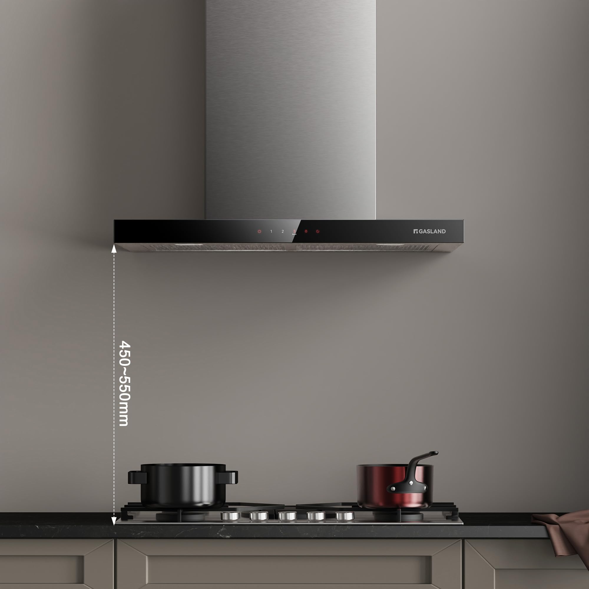 GASLAND TR60SS Hotte Aspirante 60 cm, Recyclage ou Évacuation, 881 m³/h, Classe A++, Filtre à Charbon Actif Inclus, 4 Vitesses Tactiles, Hotte Murale Silencieuse en Inox Argent
