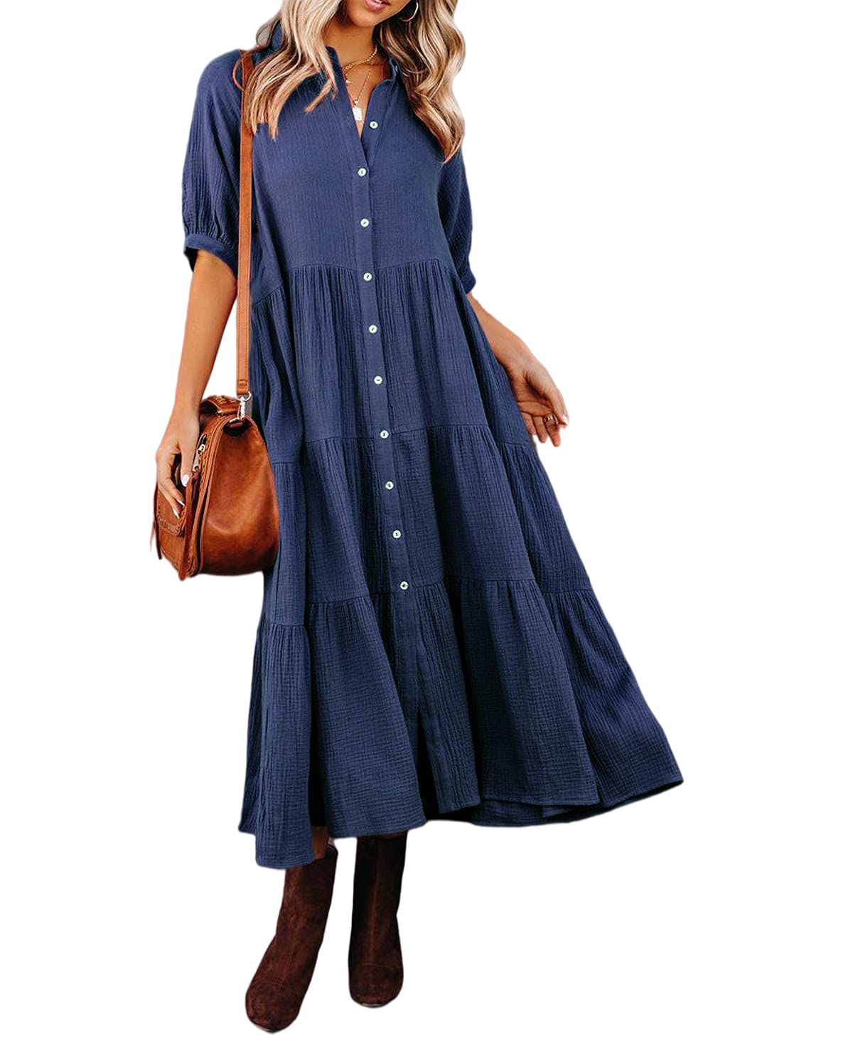 R.Vivimos Damen Sommer Casual Boho Mid-Sleeve Button Slit A-Linie Plissee Midi-Hemdkleid