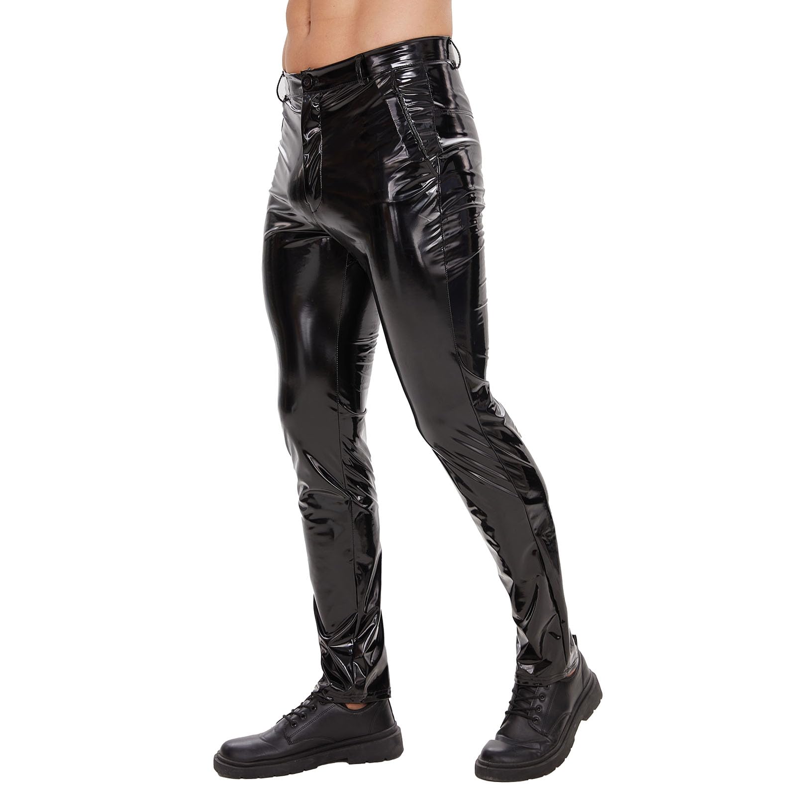 Pantalon en cuir brillant pour homme - Coupe sexy avec fermeture éclair - Aspect mouillé - Cuir synthétique - Pantalon droit et décontracté - Pour costume de cosplay, boîte de nuit - Noir