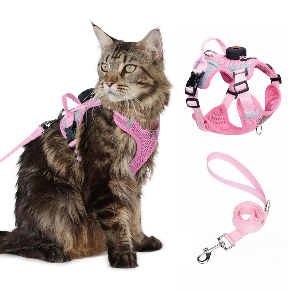 Cat Harness and Leash Set With AirTag Holder, Upgraded Escape Proof Adjustable Kitten Vest with Lead for Small Cat Outdoor Walking, Soft Breathable Mesh Jacket with Reflective Strips S, Pink โ image 1