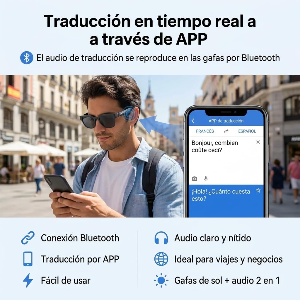 Genérico Gafas Inteligentes de Sol Bluetooth con IA y Traducción de Voz,Smart Glasses Audio para Llamadas y Música, Micrófono Antirruido para Bici y Running, Compatibles con iOS y Android - Negro