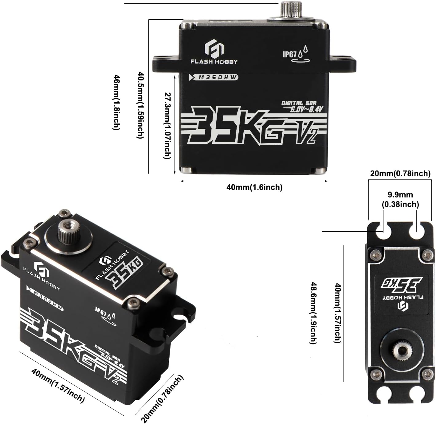 FLASH HOBBY 35KG RC Digital Servo 8.4V High Torque Servo with IP67 Waterproof for 1/8 1/10 Scale RC Crawler Cars Trucks Boats & Robot Arms(Control Angle 180°)