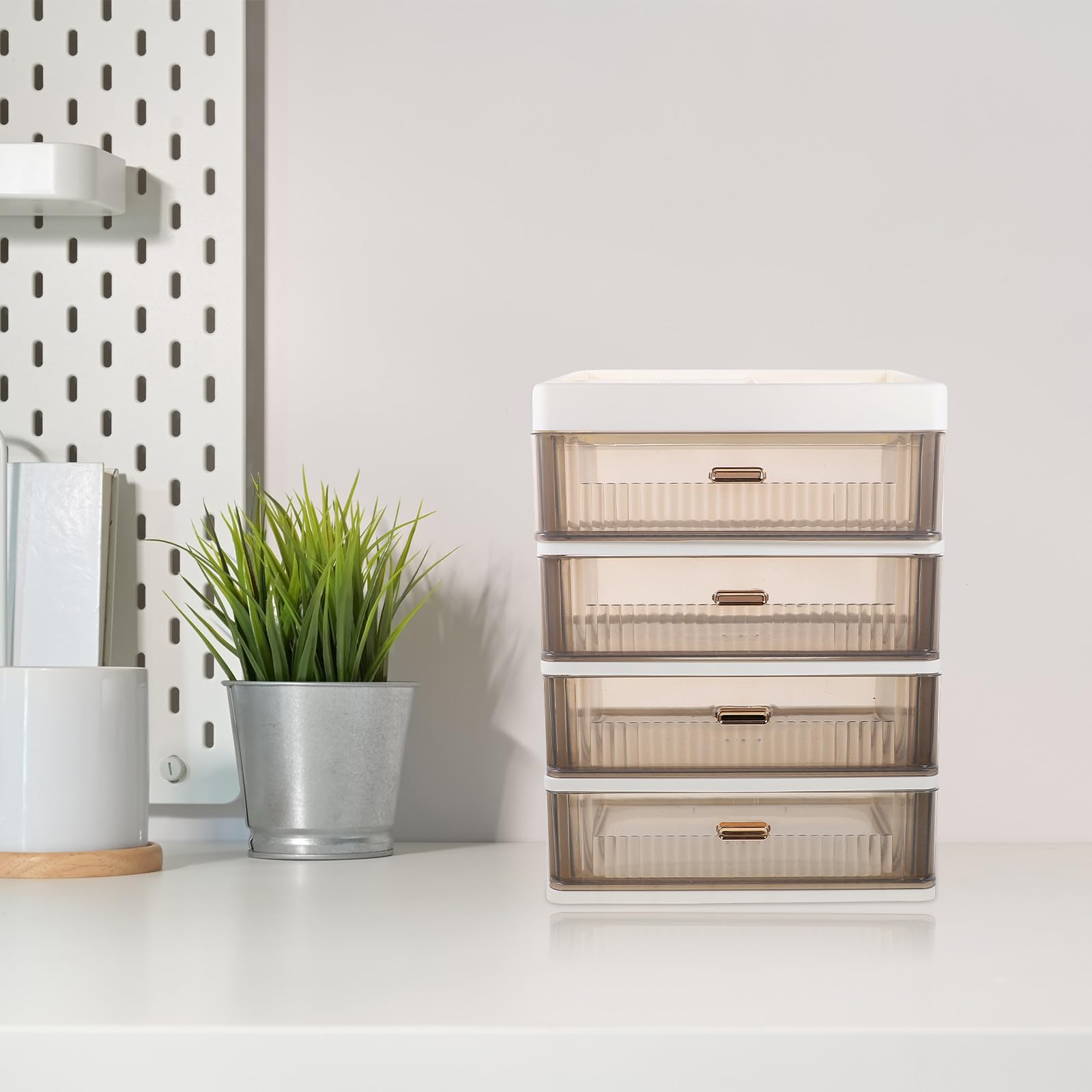 SHINEOFI Organizer da Scrivania Multifunzione con Cassetti Trasparenti, Scatola Portaoggetti in Plastica Robusta Bianca e Nera, Organizer per Trucco, Cancelleria e Prodotti per Bagno,