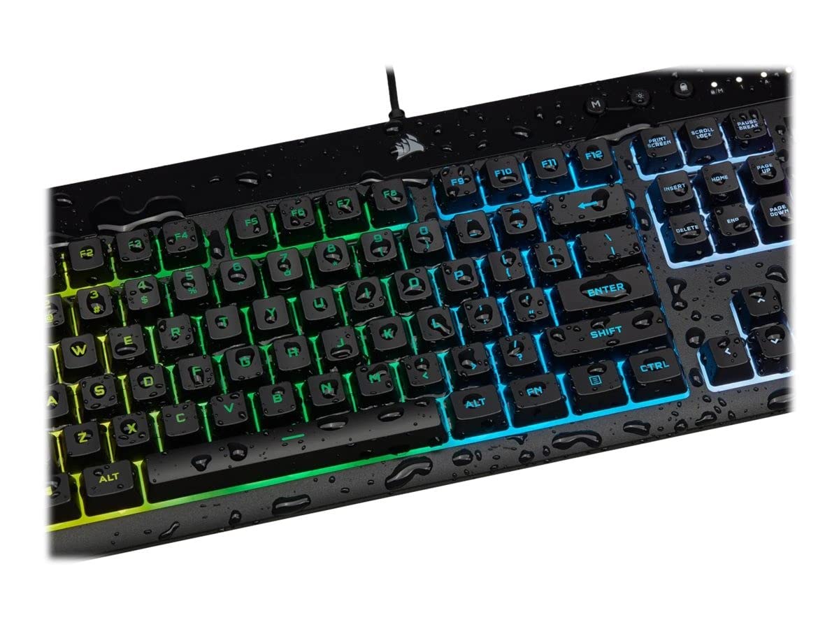 Corsair K55 RGB PRO klawiatura gamingowa z membranowymi klawiszami, dynamiczne podświetlenie RGB, 6 klawiszy makro z oprogramowaniem Elgata, zabezpieczona przed kurzem i wyciekiem, QWERTY, czarna