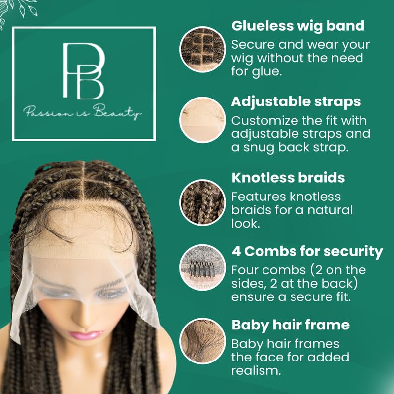 Miniatura 5 de PIB - Peluca trenzada de encaje completo sin nudos de 32 pulgadas para mujeres negras, con cabello natural de bebé (1B27, negro apagado y marrón