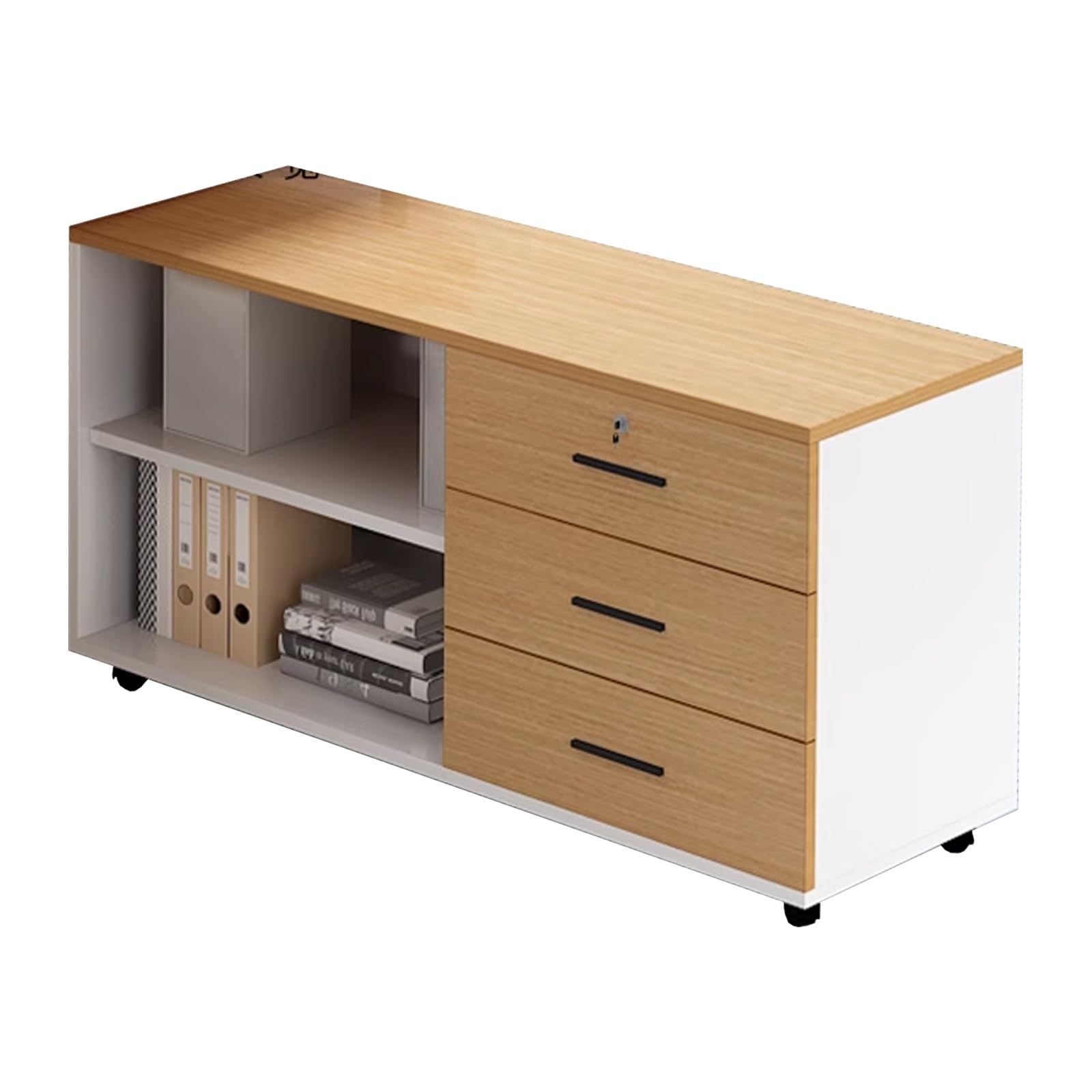 ASerZenith Lockable Drawer File Cabinet With Adjustable Shelves Multi-Function Lateral Filing Cabinet On Wheels For Home Office Printer Table & Partitioned Storage,Natural