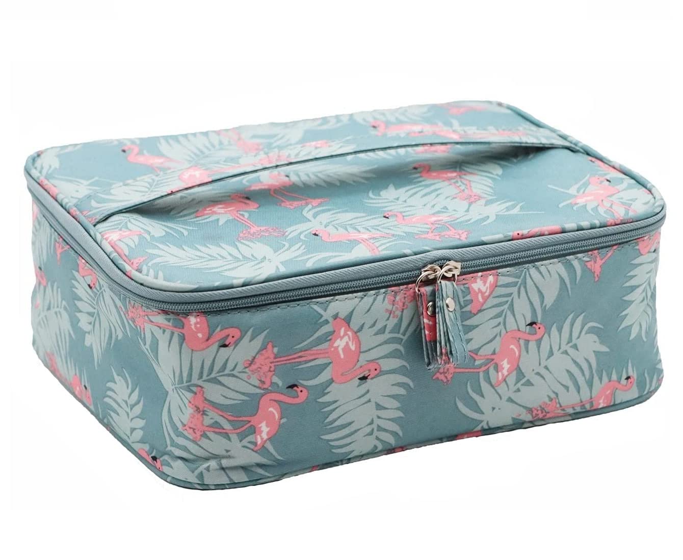 Watrproof Nylon 16 Cms Makeup Beauty Cosmetic Storage Organizer Bag Pouch for Women, Men Toiletry Case with Adjustable Partition, Handle-Blue Flamingo