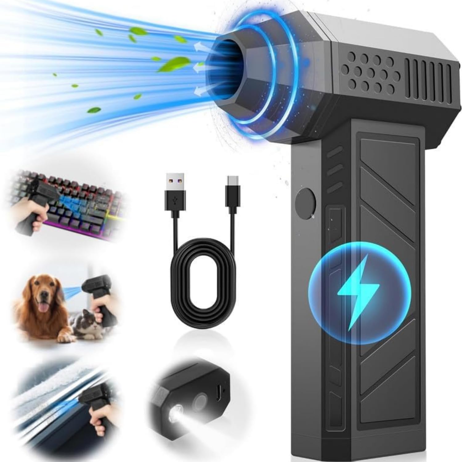 KICKZU Jet Dry Blower with Emergency Flashlight, Jet Fan Blower 130000RPM, Portable Mini Jet Blower with 3 Adjustable Speeds, Cordless Air Blower Car Dryer Rechargeable Car, Computer, Keyboard, Lens-image-5