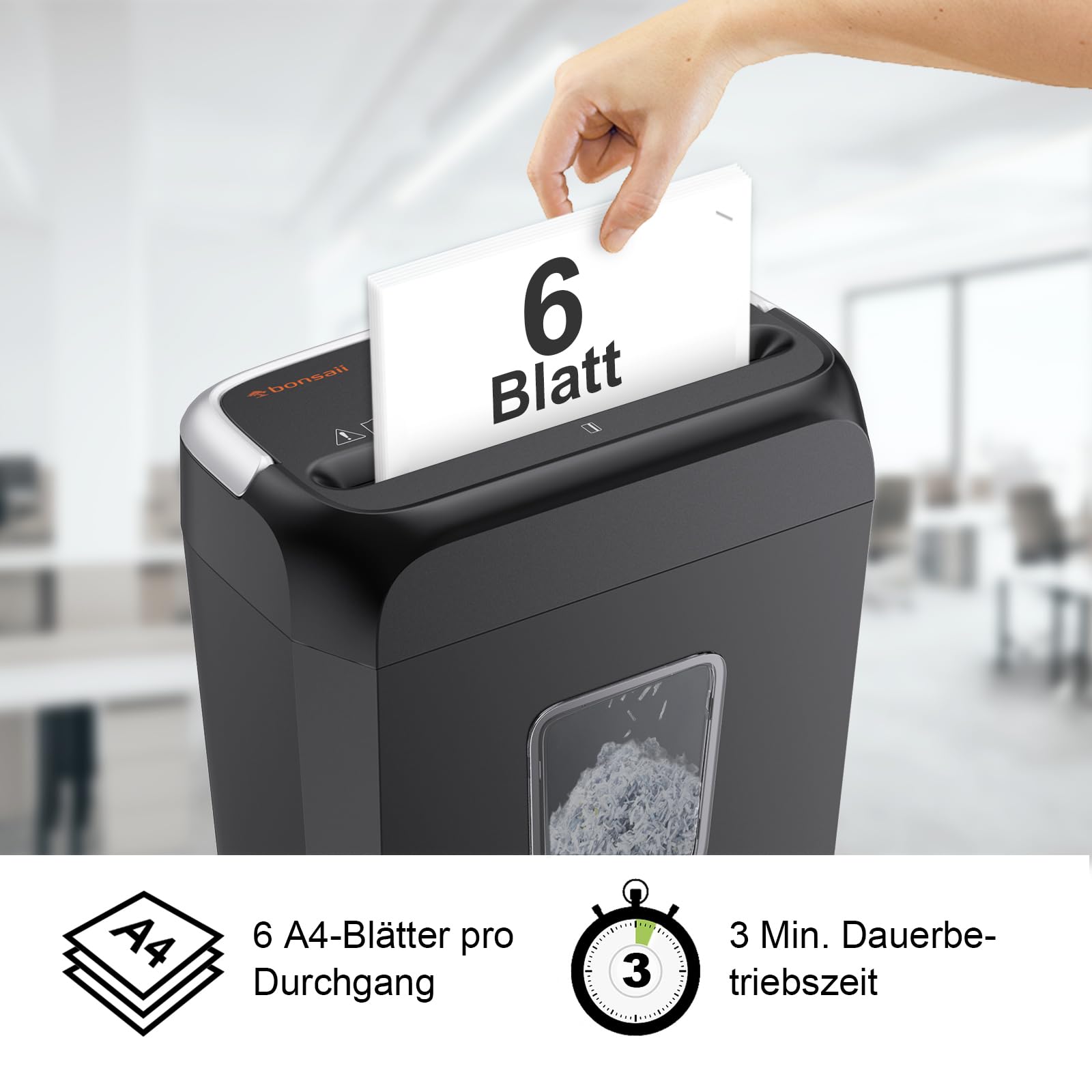 Bonsaii Aktenvernichter P-4, Papierschredder 6 Blätter, Kreditkarten & Büroklammern, 13-Liter Papierkorb C237-B