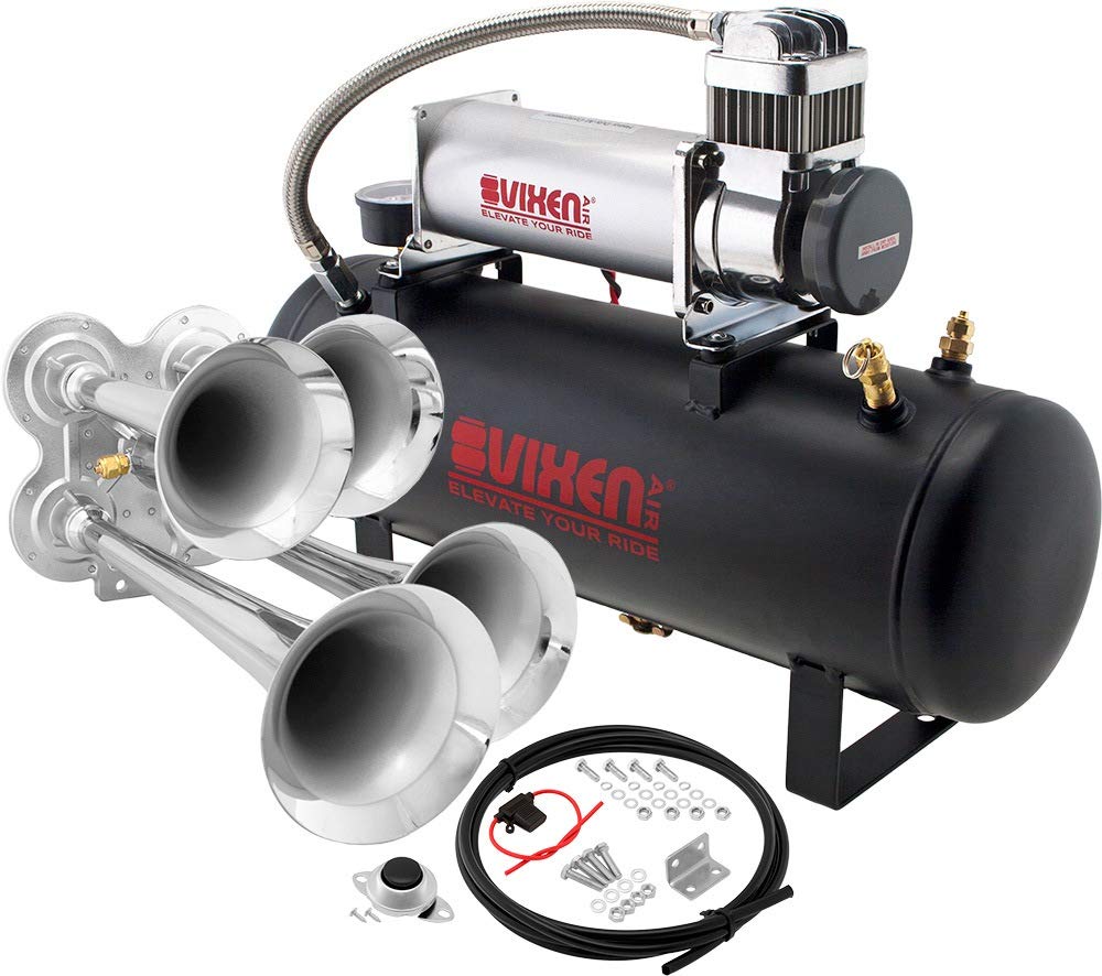Vixen Horns Train Horn Kit for Trucks/Car/Semi. Complete Onboard System- 200psi Air Compressor, 2.5 Gallon Tank, 4 Trumpets. Super Loud dB. Fits Vehicles like Pickup/Jeep/RV/SUV 12v VXO8580/4114C