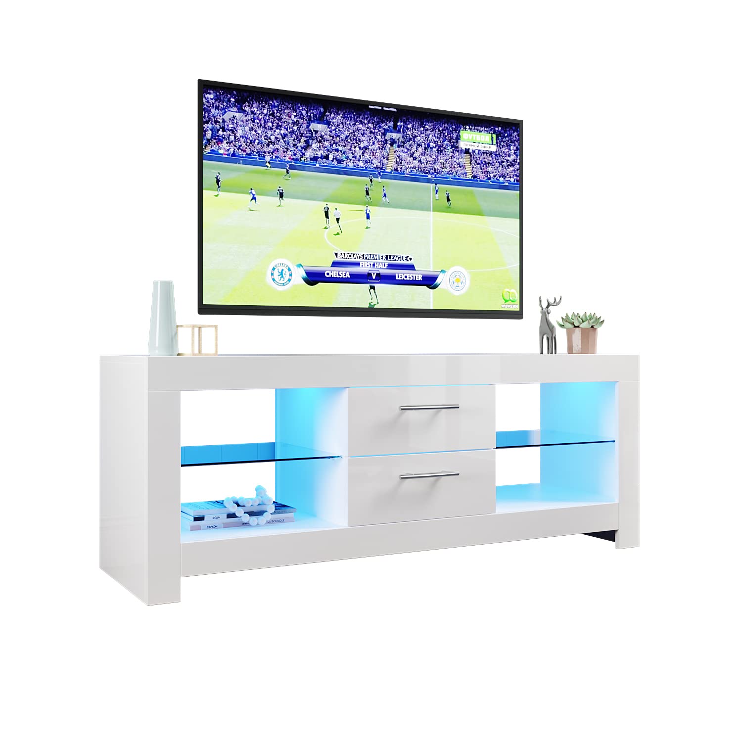 ELEGANT 1300mm Modern High Gloss Matt TV Cabinet with Ambient Light for Living Room Furniture White TV Stand Unit with RGB LED Lights