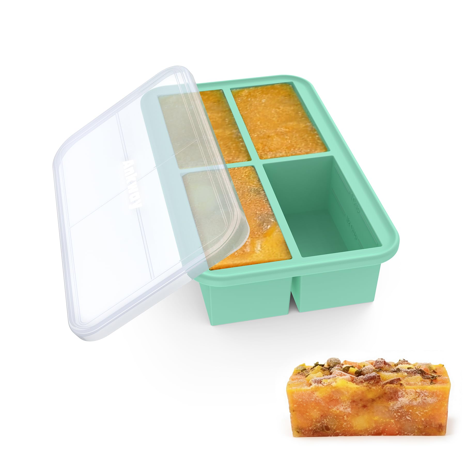 Ankway Silicone Freezer Mould with Lid - 1 Cup Large Soup Freezer Containers, Silicone Food Freezer Tray for Soup Sauce Meal Prep Food Broth Stews Herbs, Ideal for Batch Cooking, 1 Pack, 4 Soup Cubes