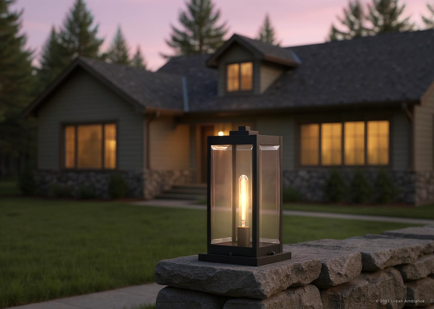 Urban Ambiance Luxury Modern Farmhouse Outdoor Post/Pier Light, Medium Size: 16" H x 7.5" W, with Industrial Style Elements, Natural Black Finish, UQL1336, Quincy Collection