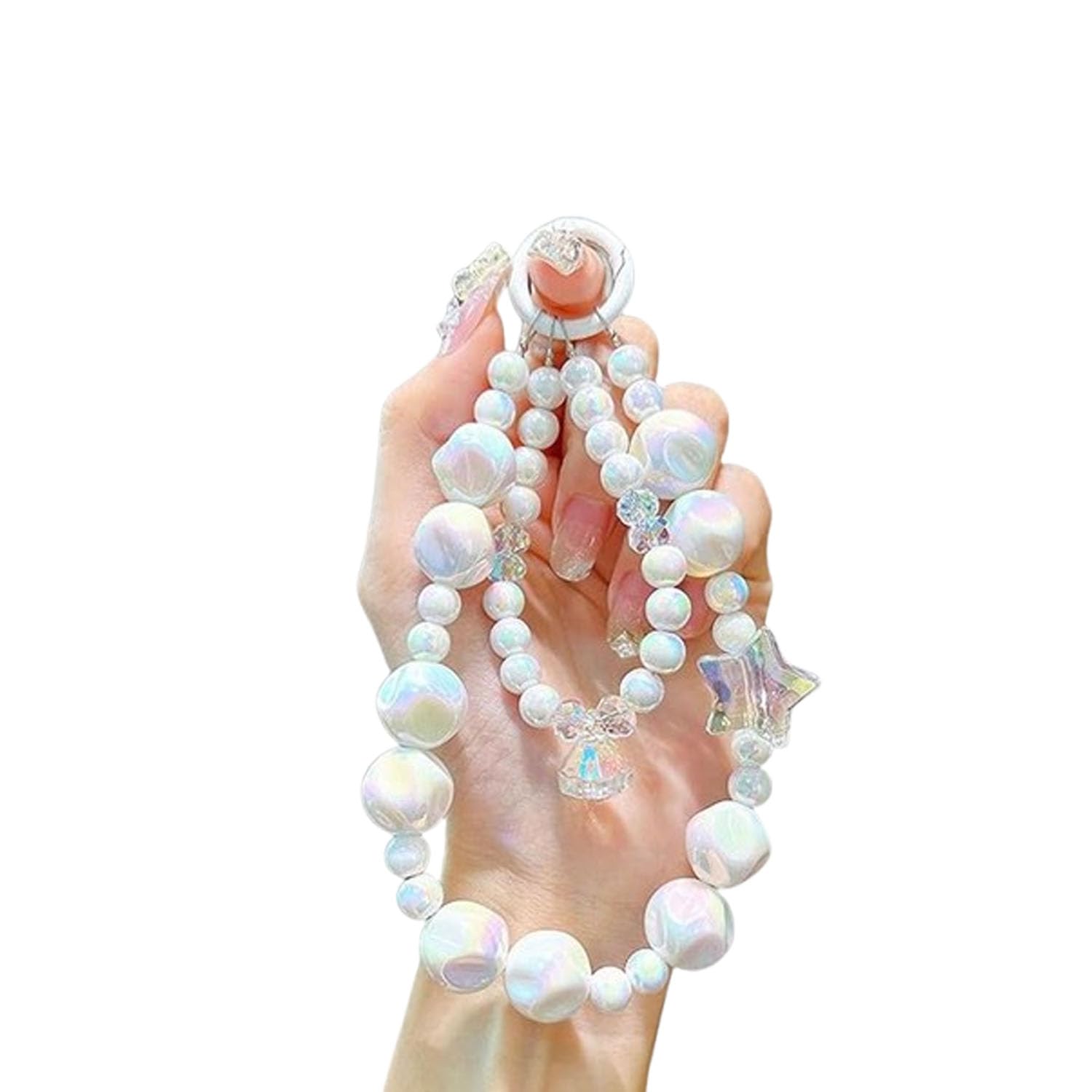 KC Keychain Phone Wrist Strap Pearl Beaded Mobile Phone Cute Charm Hanging Bracelet Marble Pearl Star Cute Charm For Phone/Purse/Camera/Bags, Case Cover For Girls Women White