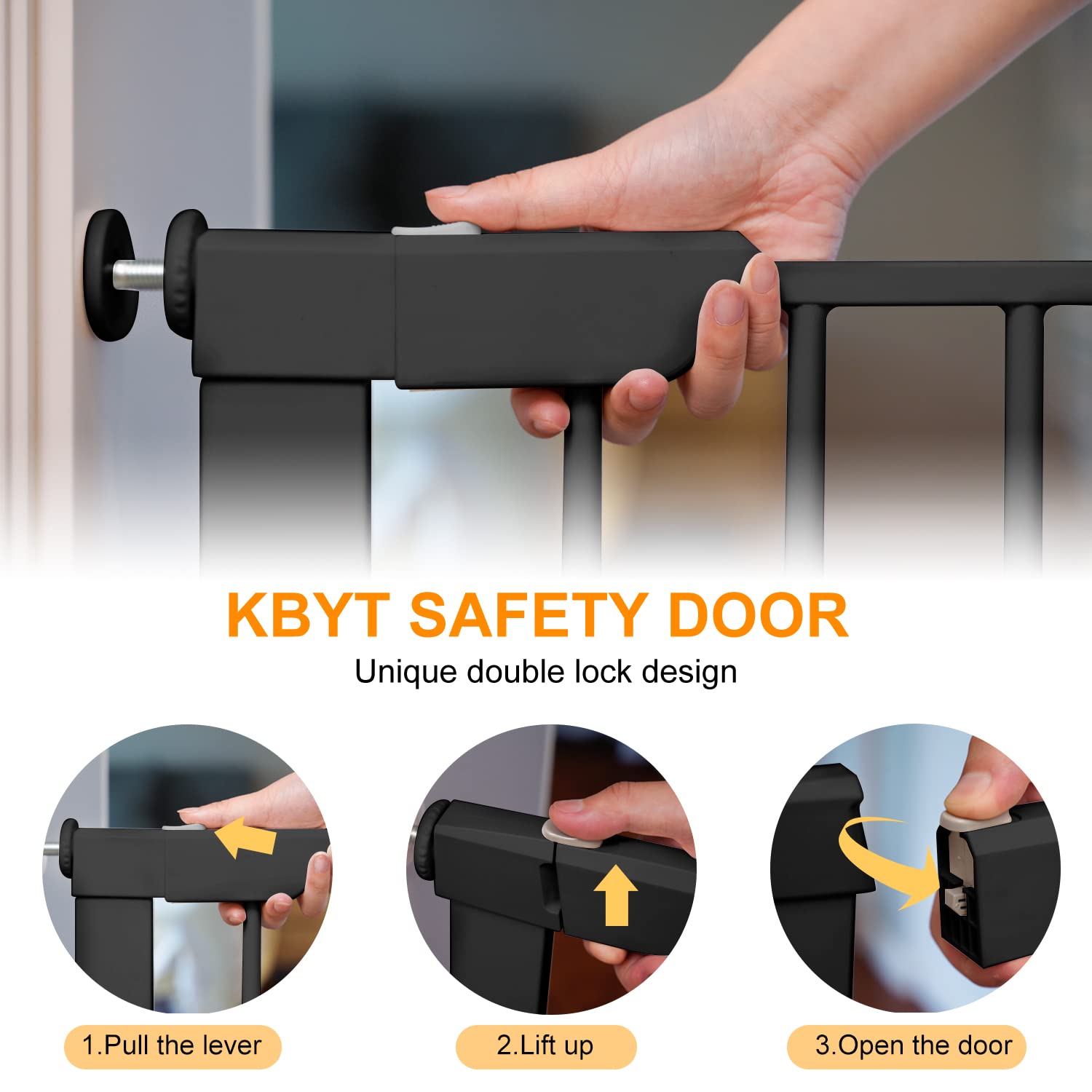 KBYTDREAM 29.5 to 43.3″ Extra Wide Walk Through Pet Gate, Auto Close Safety Baby Gate, Metal Durability Dog Gate for House, Stairs, Doorways, Includes 2 Extension Kit, Black