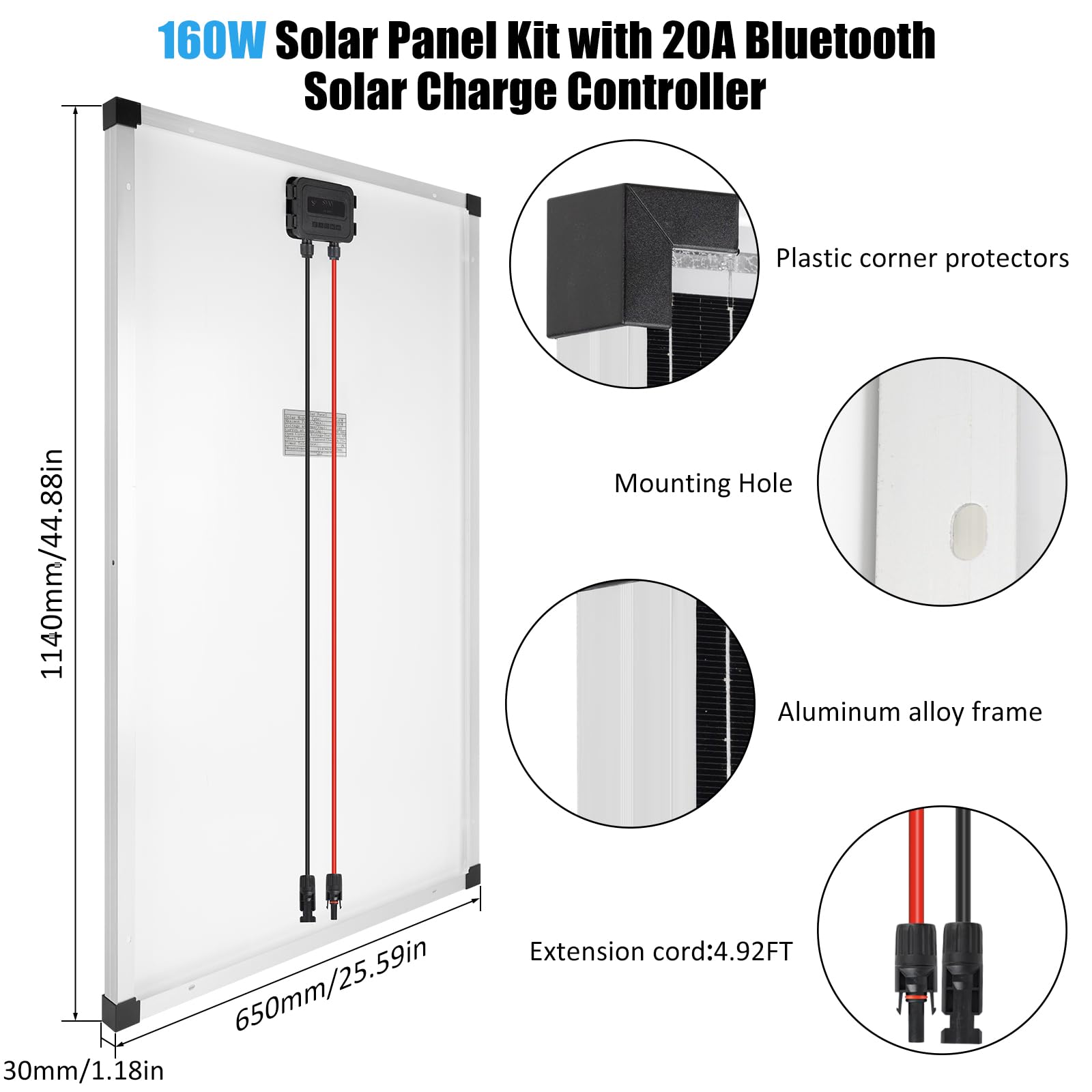 【Kit de panneau solaire Bluetooth et APP 160W】DERUXI Panneaux solaires pour caravane 160 W 0,7 kWh/jour hors réseau pour camping-car, bateau, voiture : panneau solaire 160 W 12 V + contrôleur de