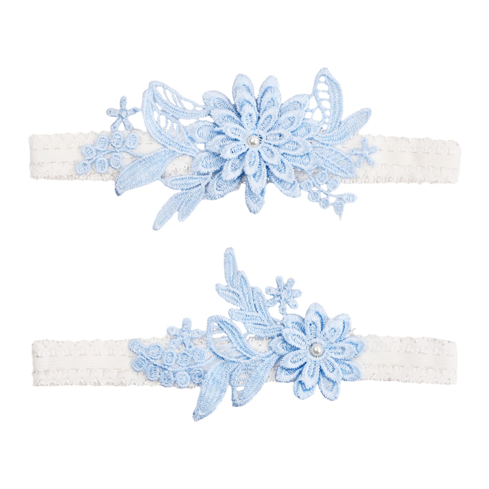 RoseyanWedding Garters Set, Lace Bridal Garter Stretchy Daisy Garter Lace Bridal Leg Ring White Lace Floral Garters Hand Sewn Faux Pearls Garter Bridal Accessories for Women and Girls 2-Pack(Sky Blue)