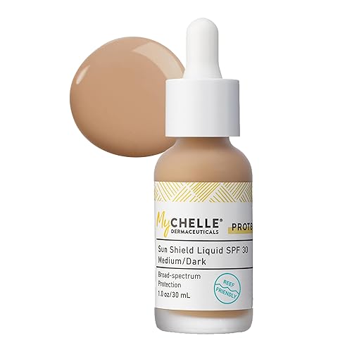 MyChelle Dermaceuticals, Sun Shield Liquid SPF 30 MedioOscuro (1 onza líquida), protector solar tintado para todas las pieles con arcilla de