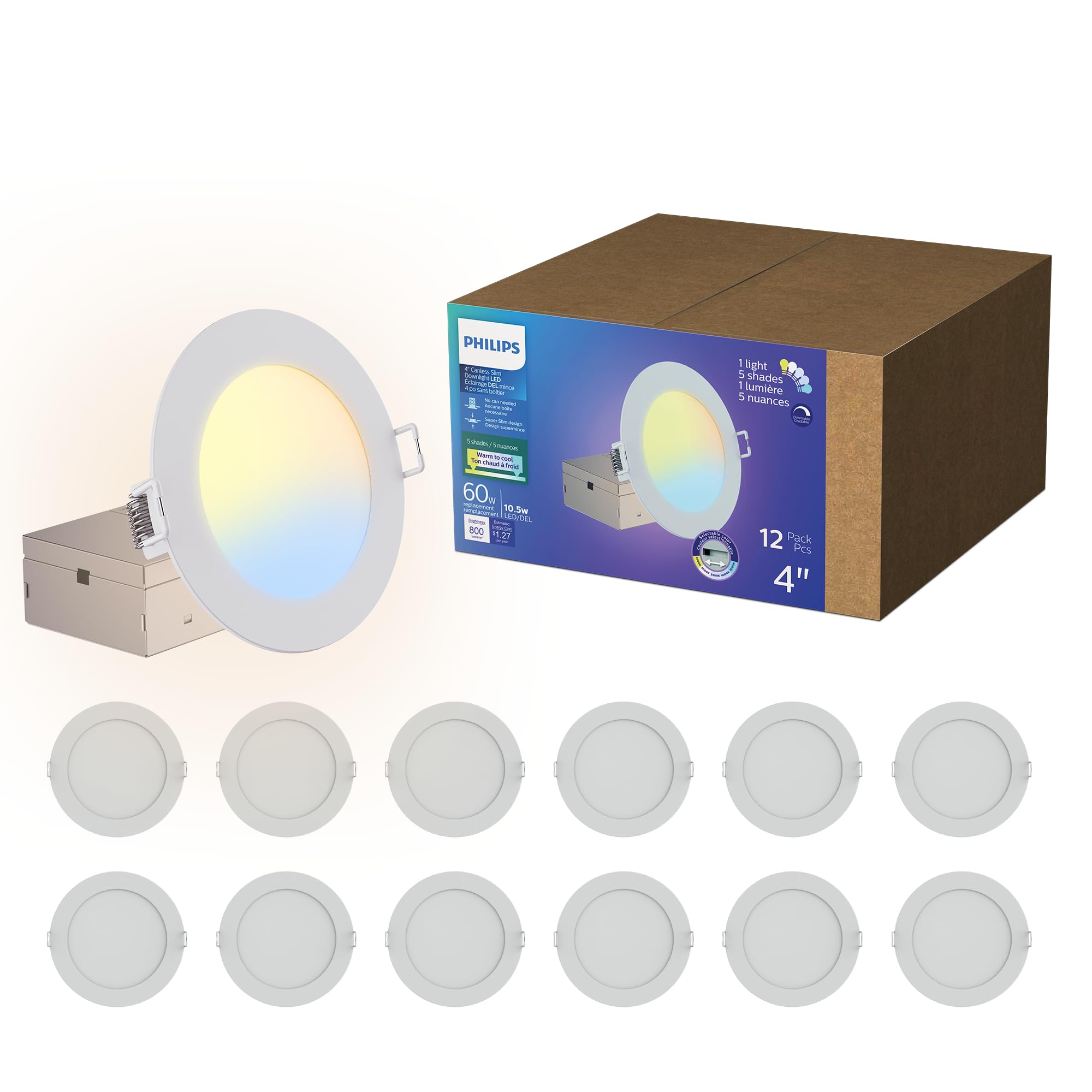 Philips LED 4-Inch Slim Downlight, 12 Pack, Canless Design, 800 lm, Dimmable, EyeComfort, 10.5W, 5 CCTs 2700-3000-3500-4000-5000K, 25,000 Hours