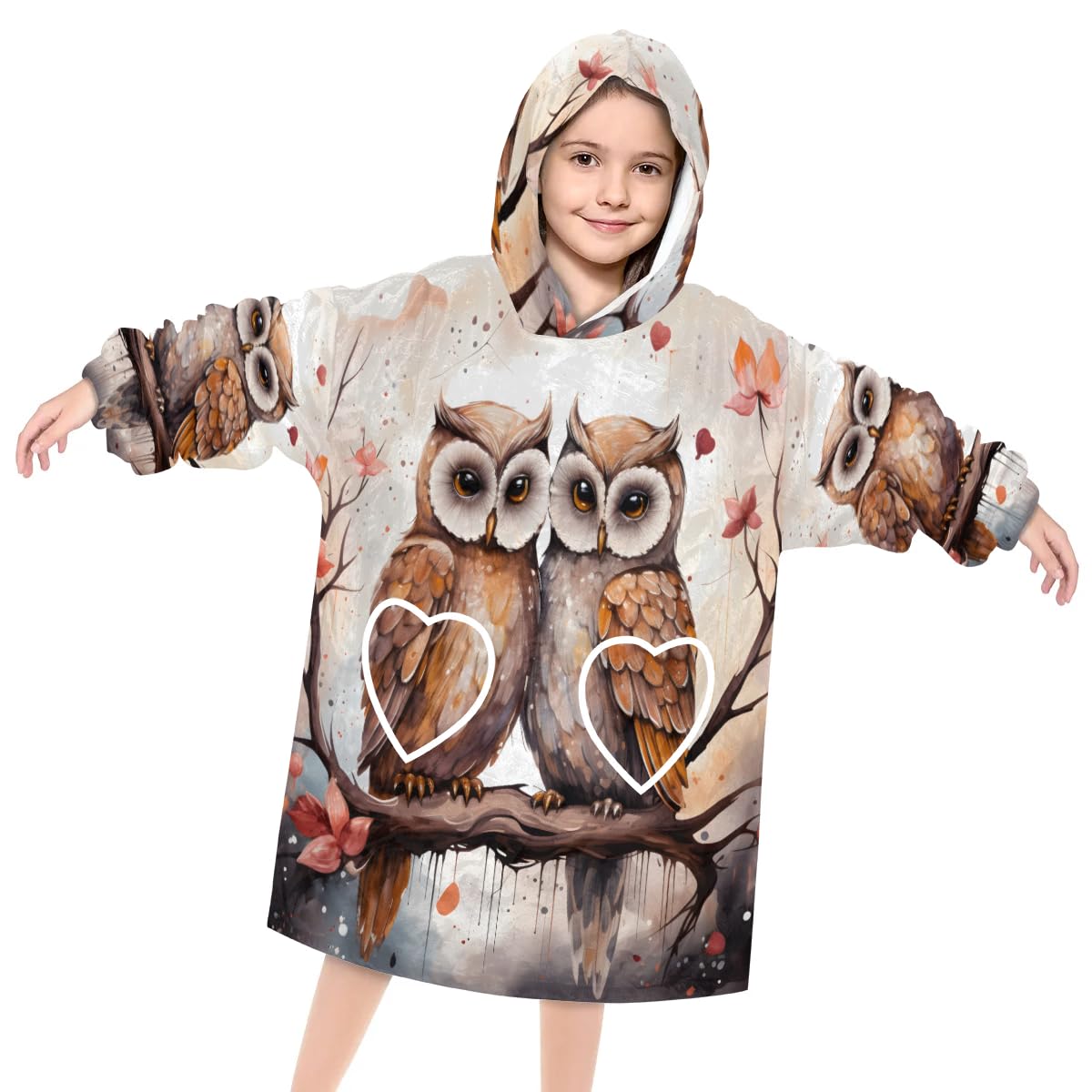Wearable Blanket Hoodie for Kids, Adorable Birds Owl Fleece Sweatshirt Blanket Oversized Blanket Sweatshirt with Pocket Flannel Warm Hooded Blanket 6-10 Year Old Girl Boy Gift, One Size