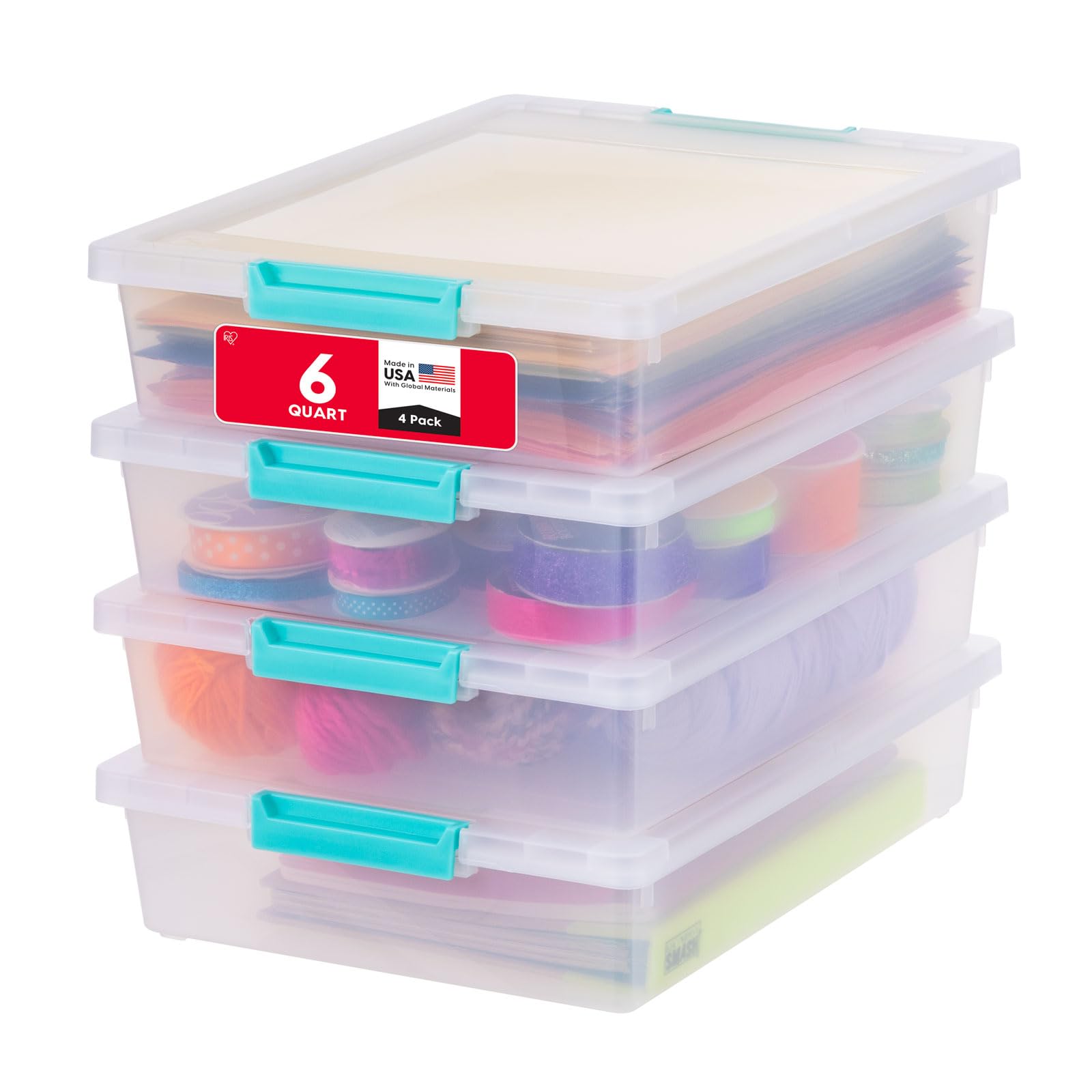 Photo 1 of ***Lid missing*** IRIS USA 6 Qt. Craft Storage Bins with Lids, 4-Pack, |Made in USA|, Clip Box, Small Plastic Sensory Bin Tote Organizer Containers for Art Supplies, Paper, & Office, Stackable - Clear/Seafoam Blue