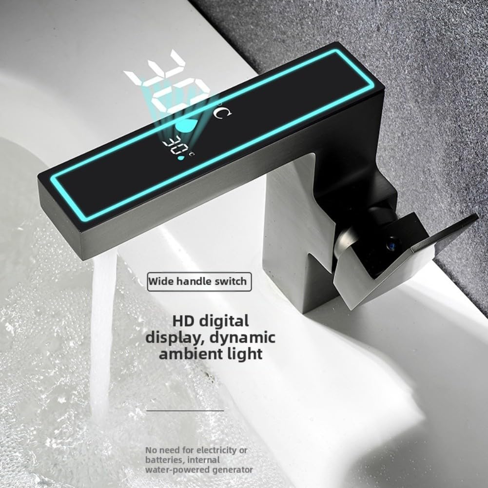 Grifo digital iluminado LED que utiliza la energía del flujo de agua con luz ambiental para el entorno del baño (negro)