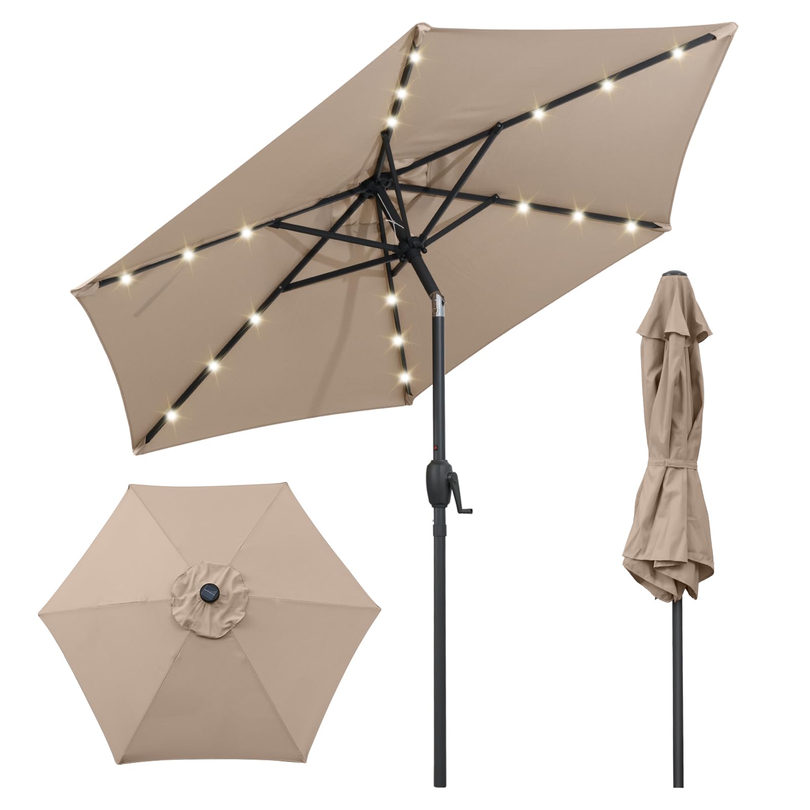 COSTWAY Ombrellone da Giardino 230 cm, Ombrello per Esterni con inclinazione Regolabile, 18 Luci LED, Manovella e Tettuccio Ventilato, Ombrello per Giardino, Cortile, Piscina (Marrone)