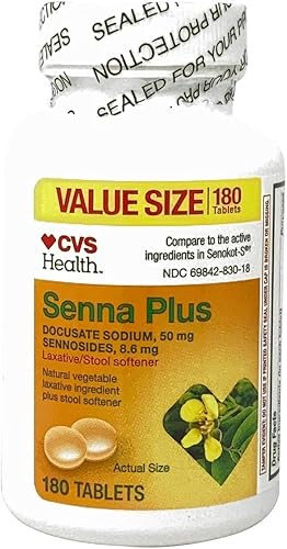 CVS Health Comprimidos laxantes estimulantes y suavizantes de heces, Docusate Sodium 50 mg, sennosides 8.6 mg, 180 unidades