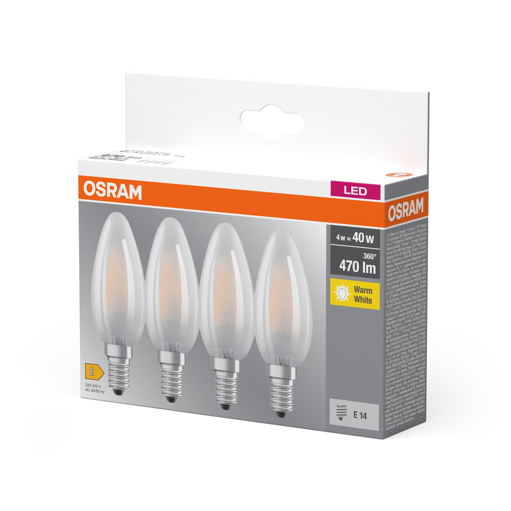 Osram LED BASE B40, Vorteilspack mit 40 Leuchtmittel, ersetzt herkömmliche 40W Glühbirnen, 4W, warmweiß (2700K), mattes Glas, nicht dimmbar, Kerzenform, E14