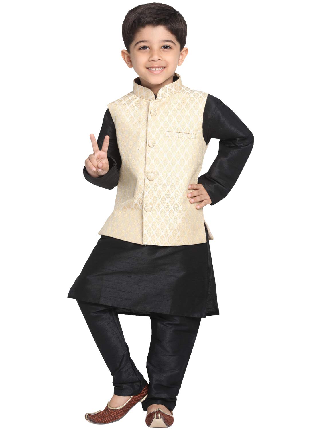 Jbn Creation Vastramay Boy's Beige Cotton Silk Blend Jacket, Kurta And Pyjama Set_Vasnbj005Crnbkbl001Npbl_34