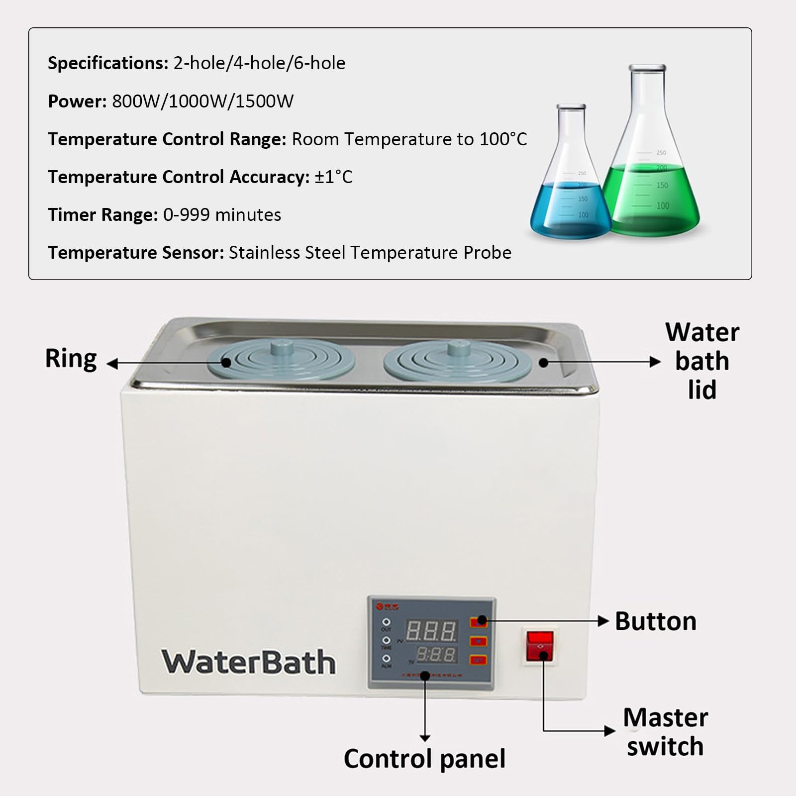 Bain d'eau thermostatique numérique 5L/8L/15L Bain d'eau de Laboratoire avec Ouvertures sélectionnables pour Laboratoire, Doublure en Acier Inoxydable 2holes