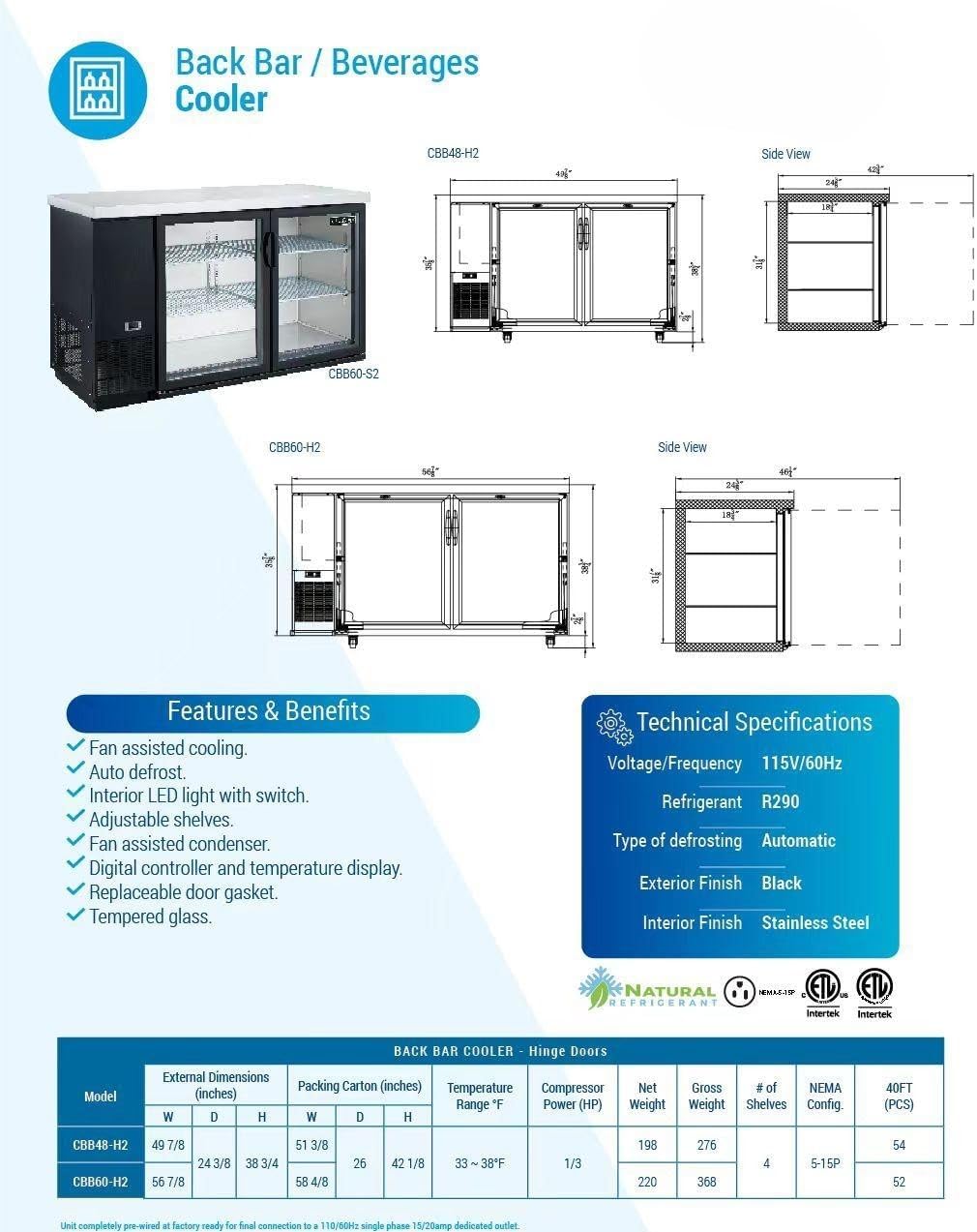 Commercial Back Bar Beer Refrigerator, ETL Bottle Display Fridge Cooler Merchandiser, 2 Glass Door Case, LED Lighting Black 48" W 11.23 cu.ft.