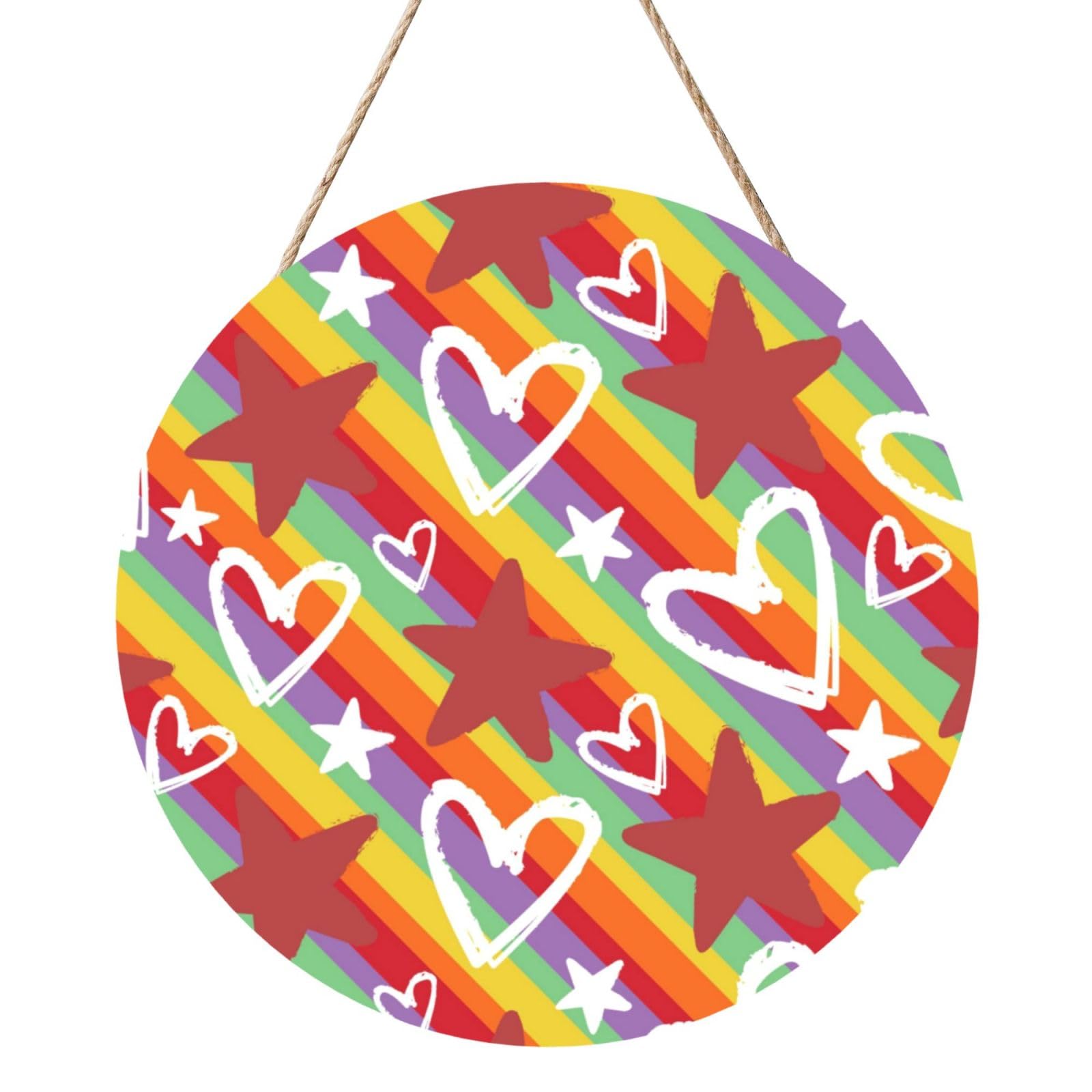 InOmak Colorful Heart And Star Pattern, Round Wood Panel Painting 12 in, Wall Hanging Painting For Home